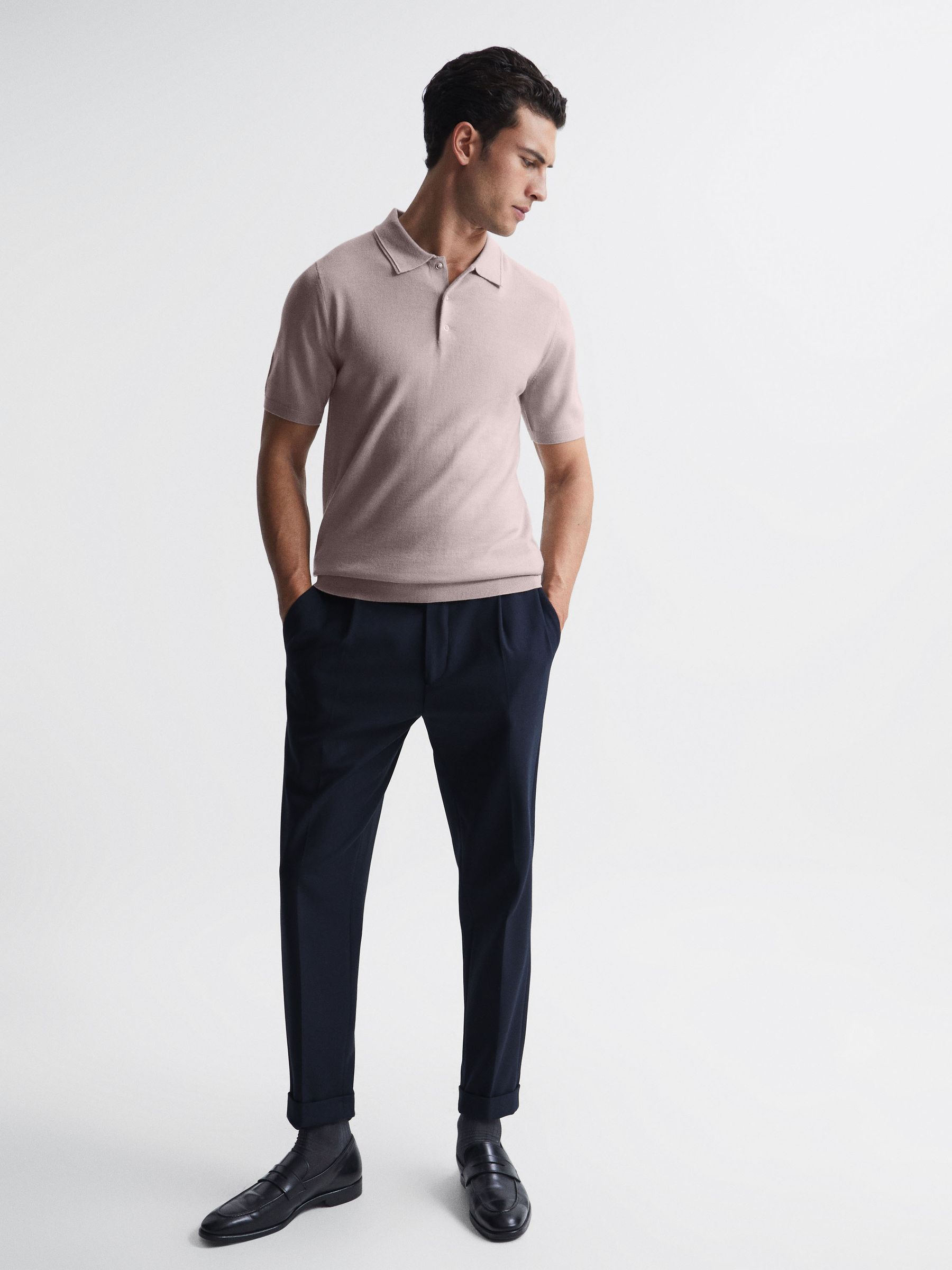 Merino Press Stud Polo T-Shirt in Stone - Image 3 of 6