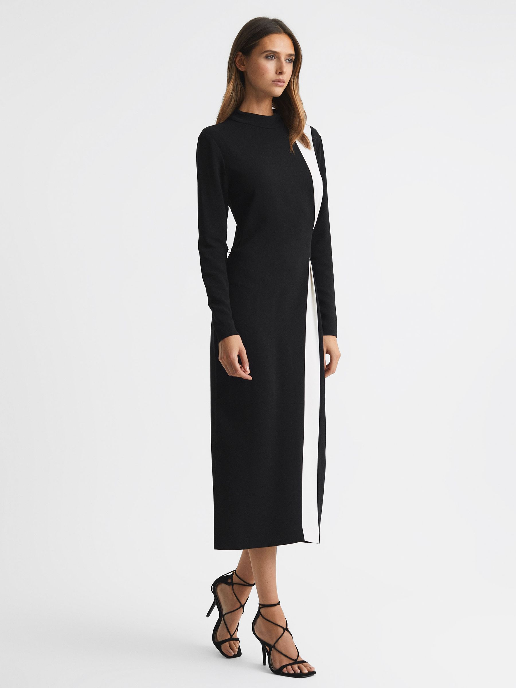 Petite Contrast Stripe Belted Midi Dress in Black/White - Image 1 of 6