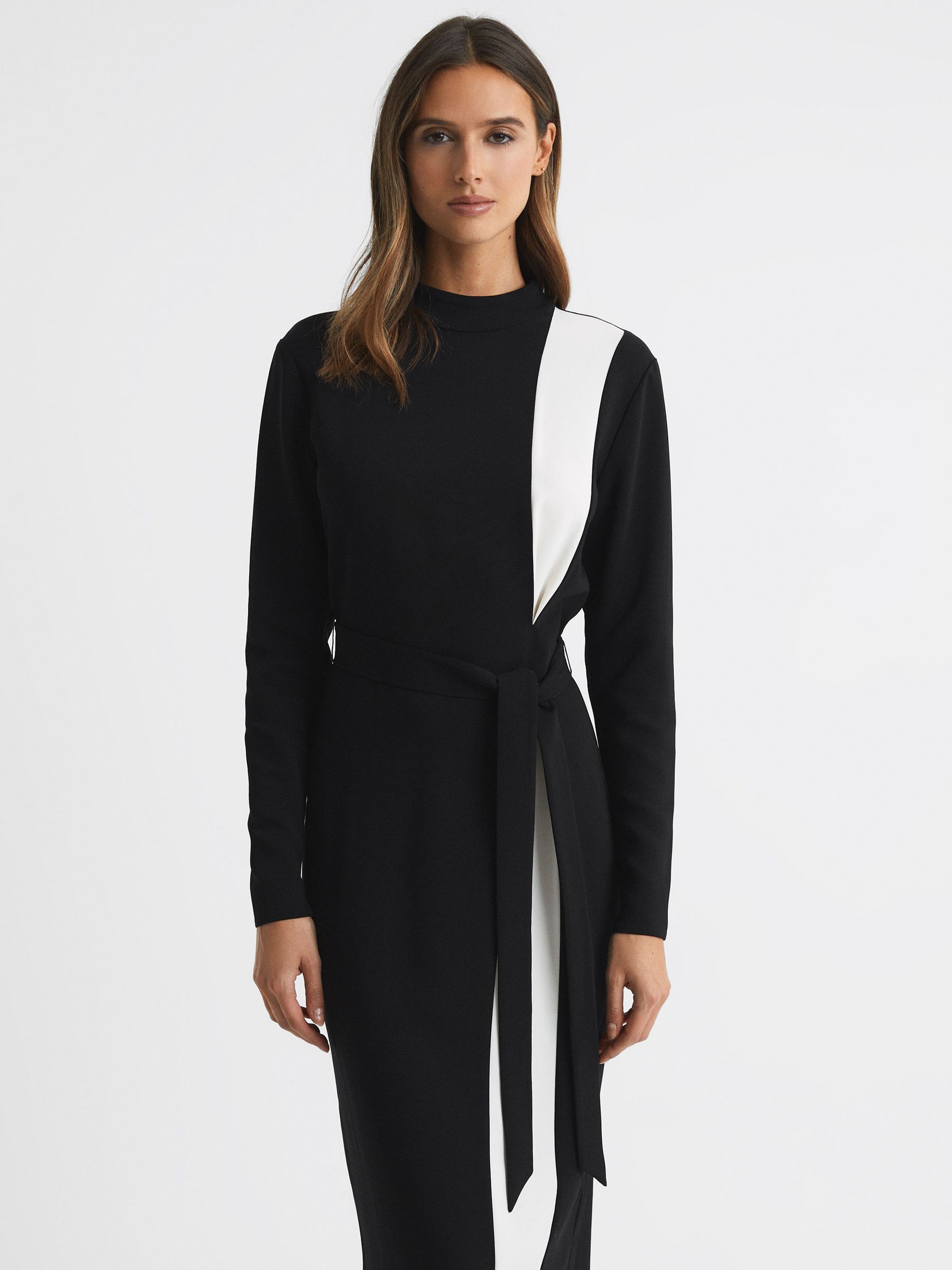 Reiss Petite Contrast Stripe Belted Midi Dress in Black/White | REISS