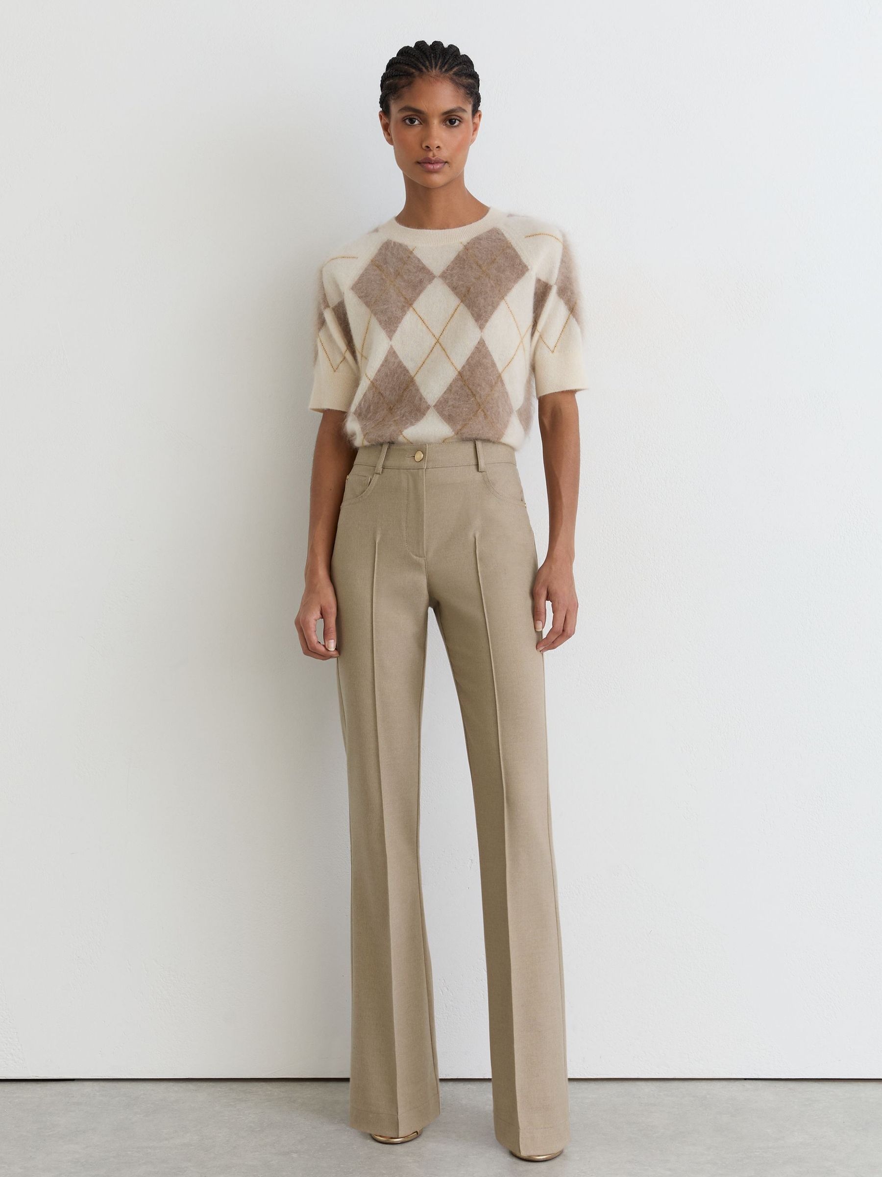 Petite Flared Twill Seam-Detail Trousers in Neutral - Image 1 of 7 Petite Flared Twill Seam-Detail Trousers in Neutral - Image 1 of 7