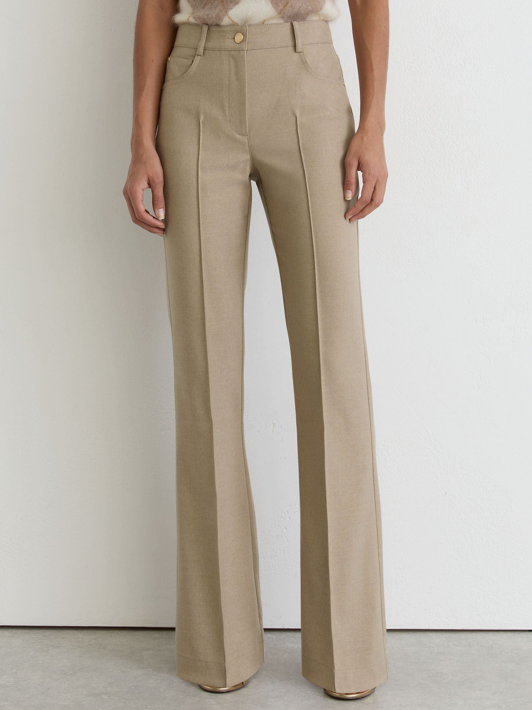 Petite Flared Twill Seam-Detail Trousers in Neutral - Image 3 of 7