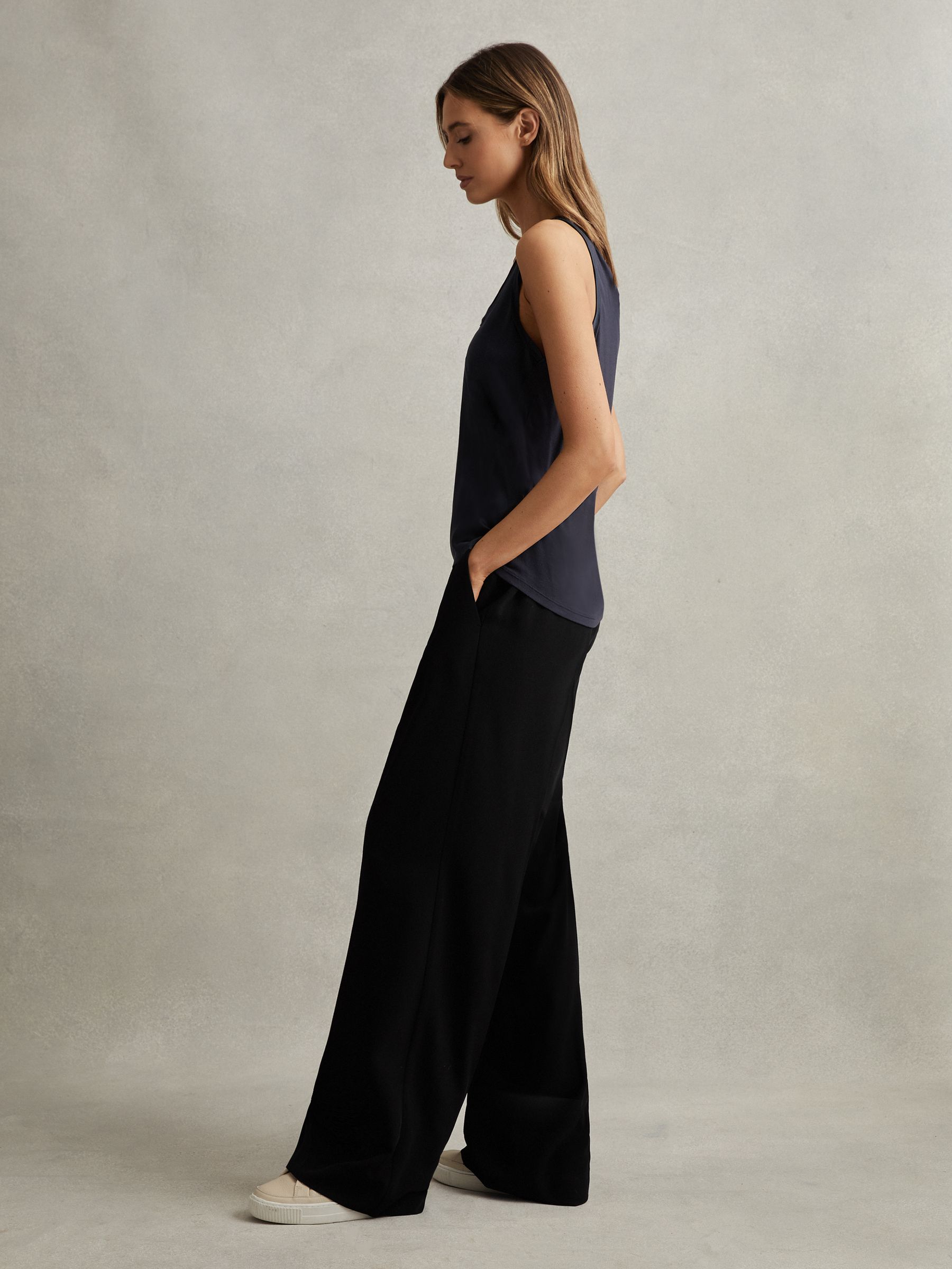 Petite Half-Elasticated Wide Leg Trousers in Black - Image 1 of 7