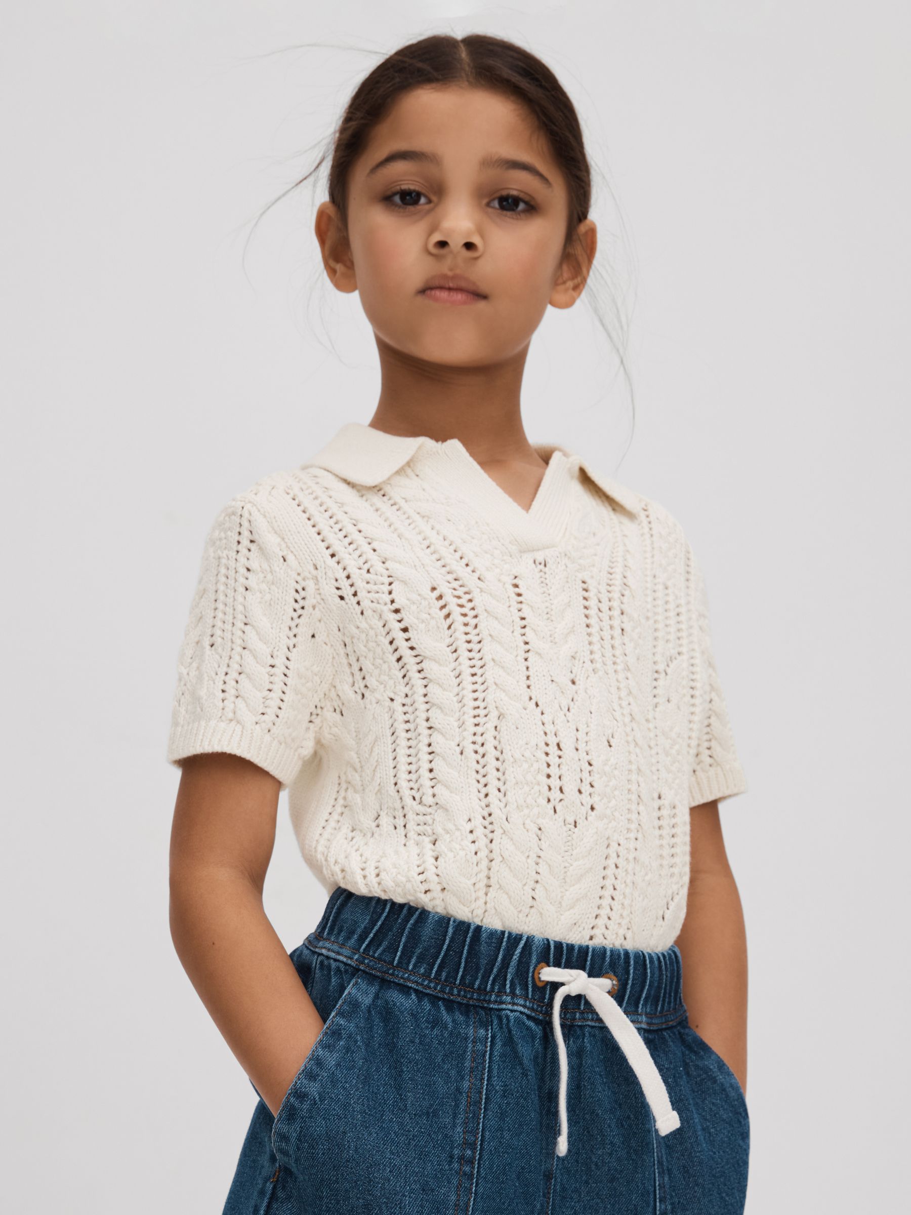 13-14 yrs Crochet Open Collar Polo Shirt in Ecru - Image 2 of 4