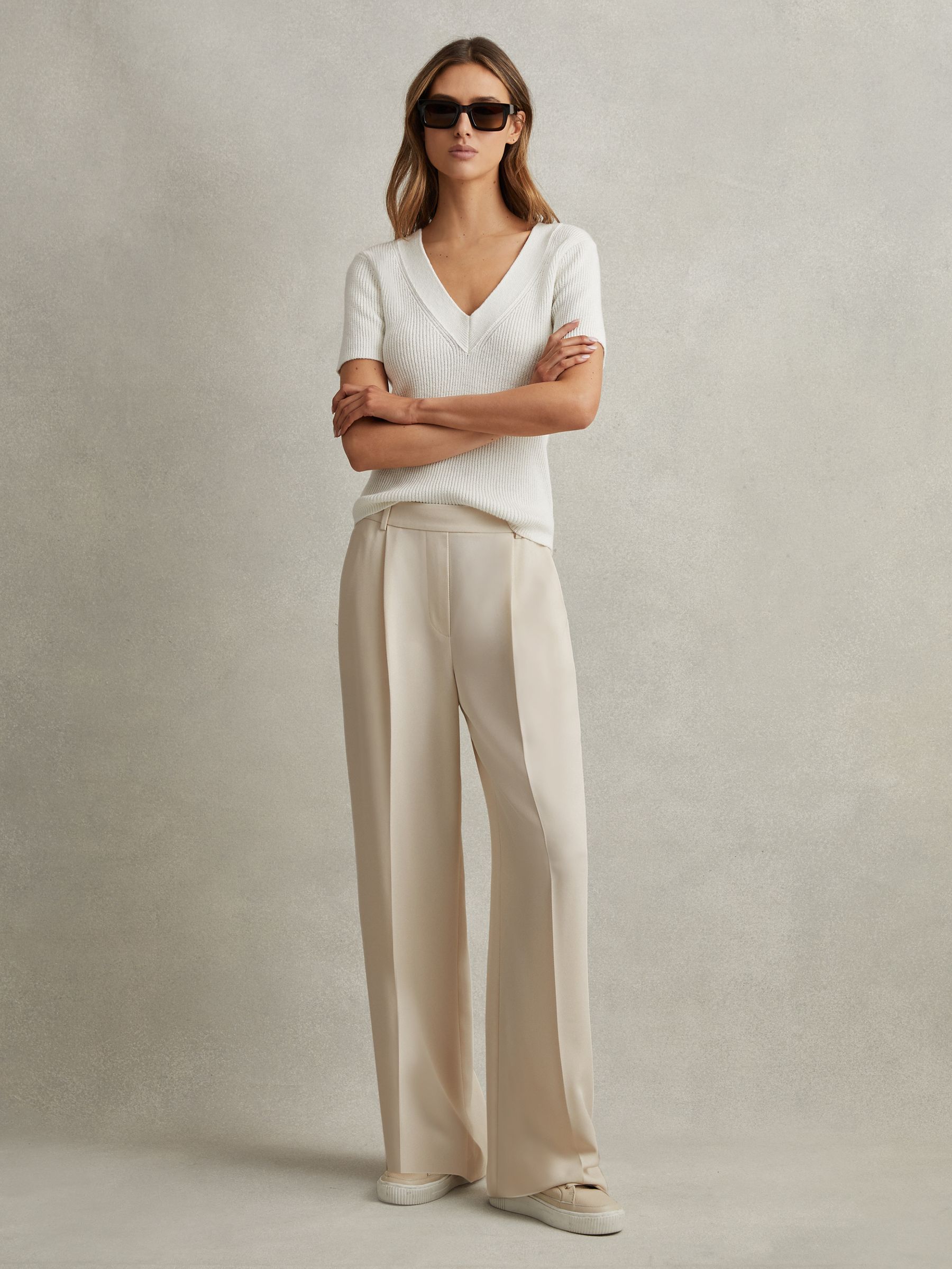 Half-Elasticated Wide Leg Trousers in Cream - Image 1 of 5