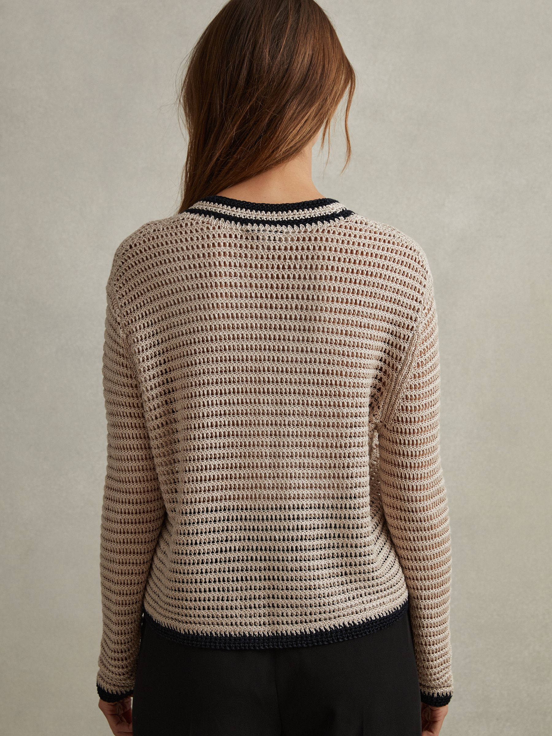 Linen Blend Knitted Crew Neck Jumper in Neutral/Navy - Image 4 of 6