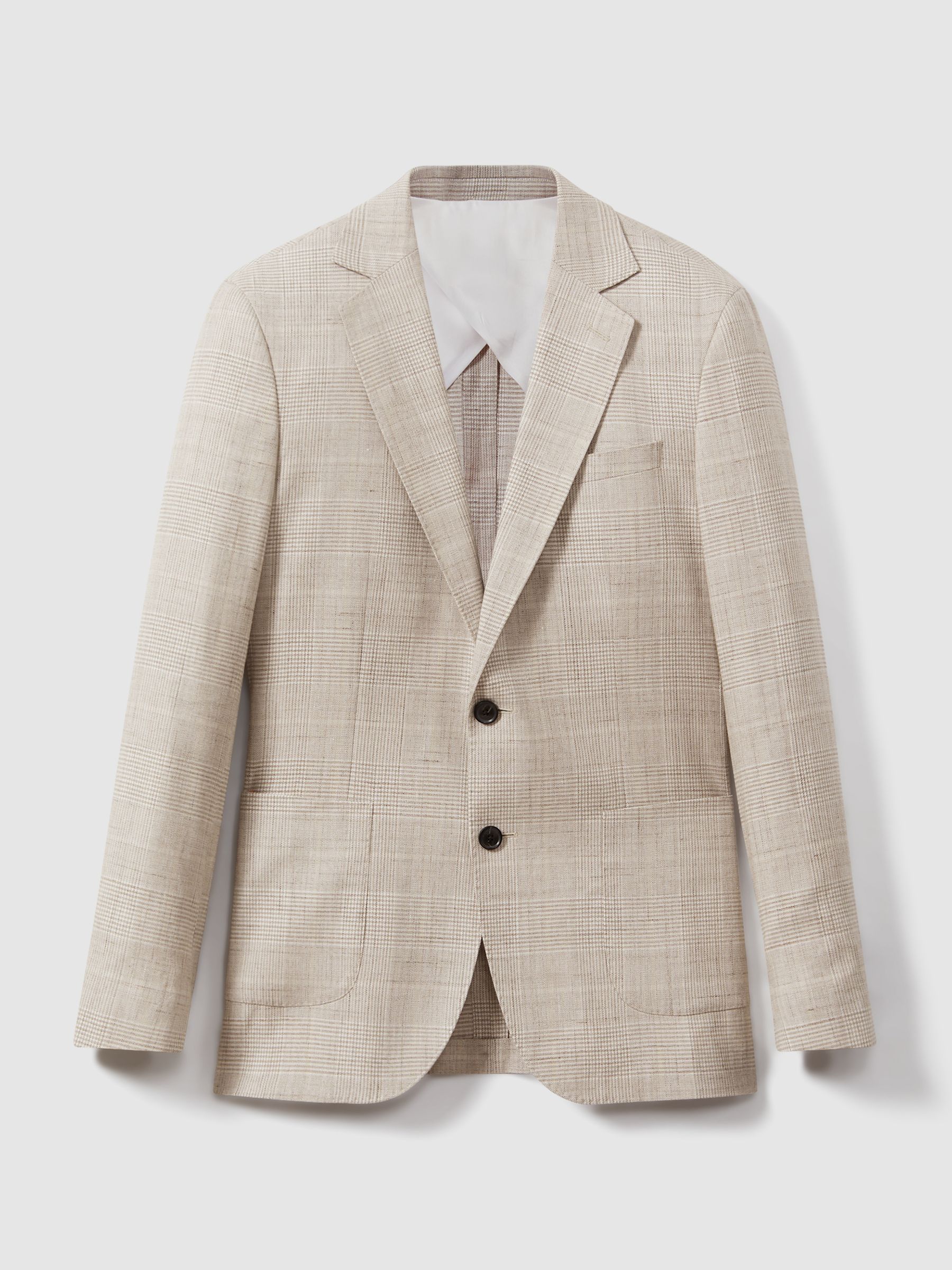Slim Fit Linen Blend Check Single Breasted Blazer in Oatmeal - Image 2 of 7