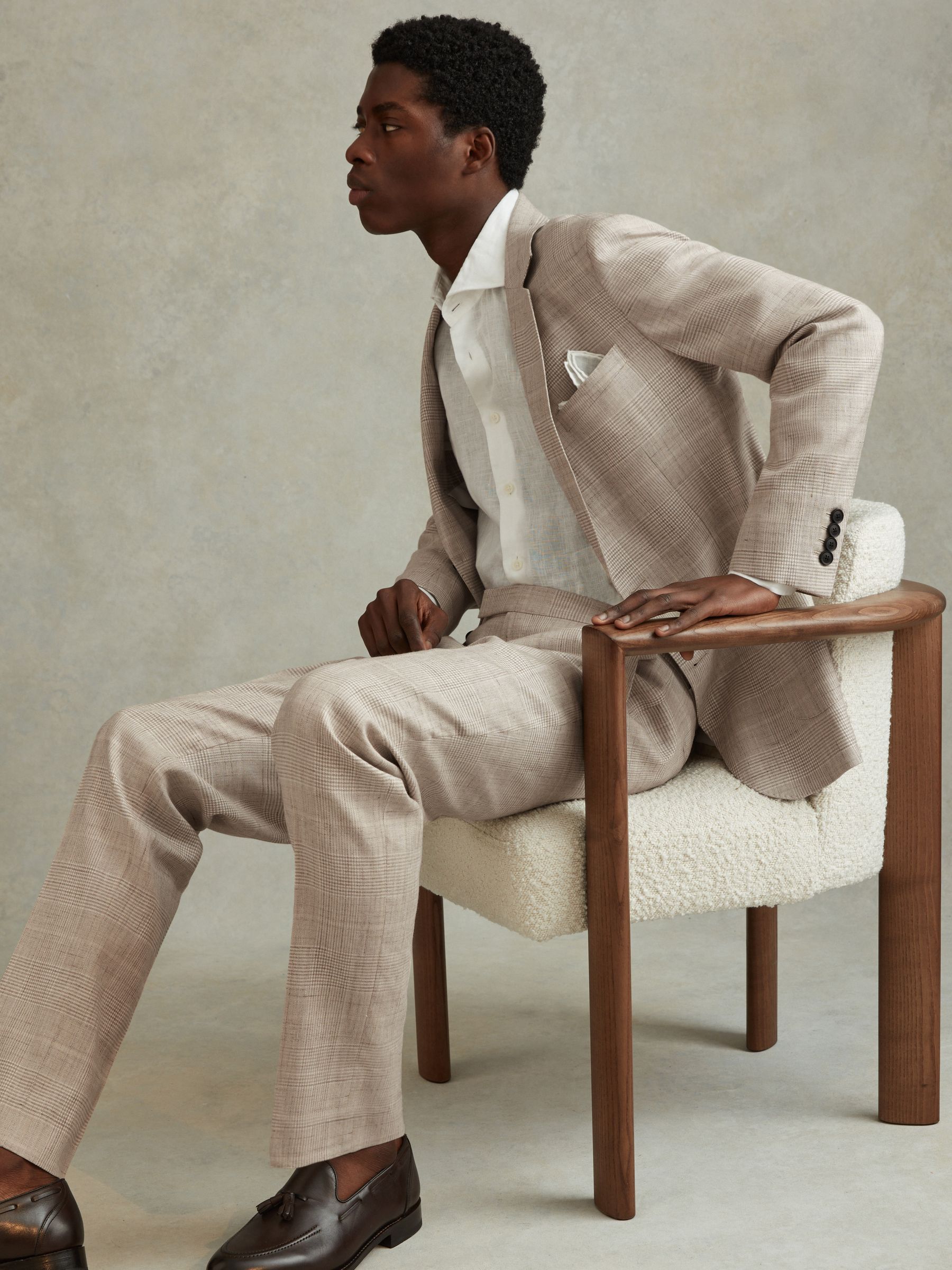 Slim Fit Linen Blend Check Single Breasted Blazer in Oatmeal - Image 3 of 7
