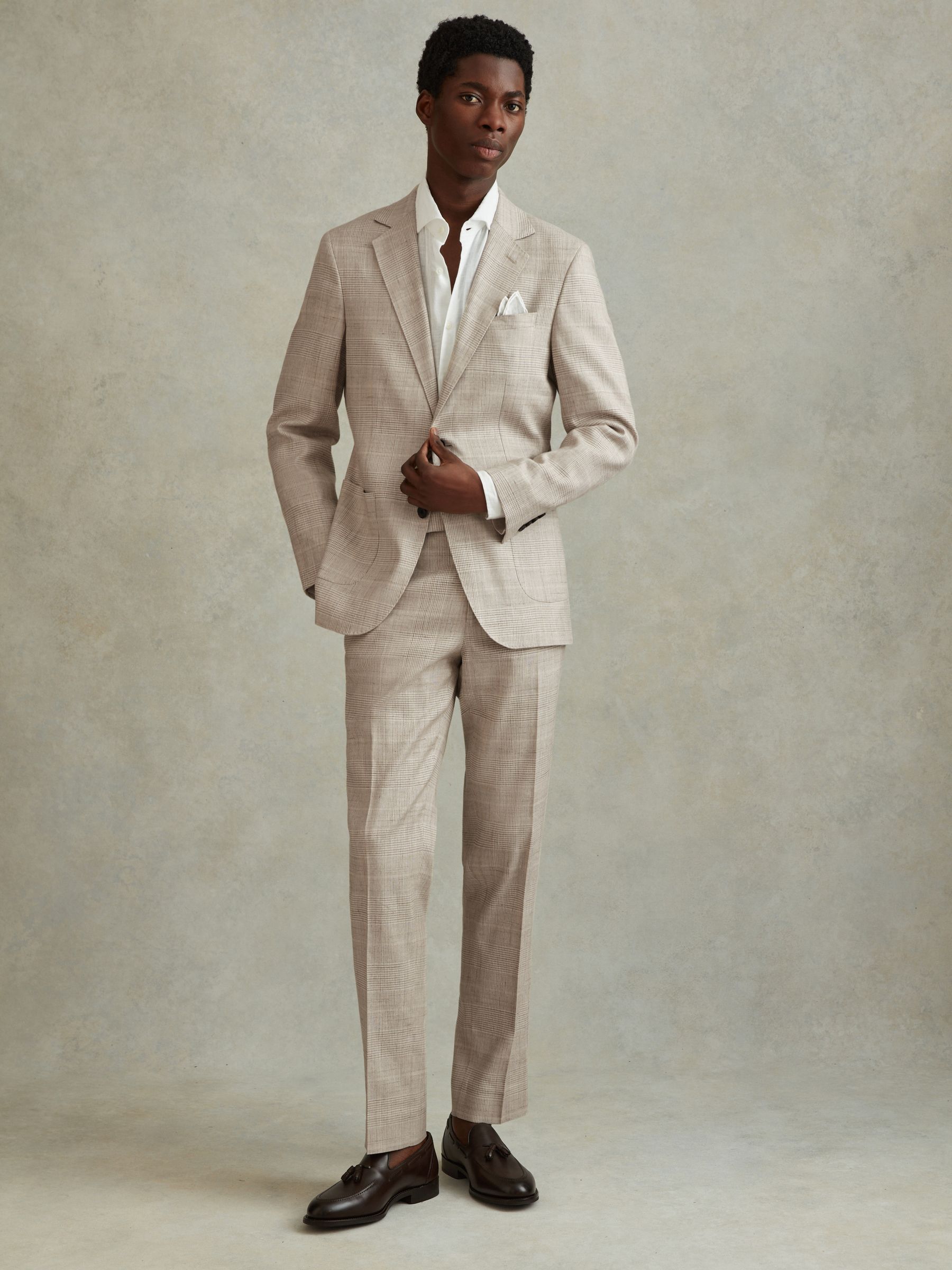 Slim Fit Linen Blend Check Single Breasted Blazer in Oatmeal - Image 4 of 7