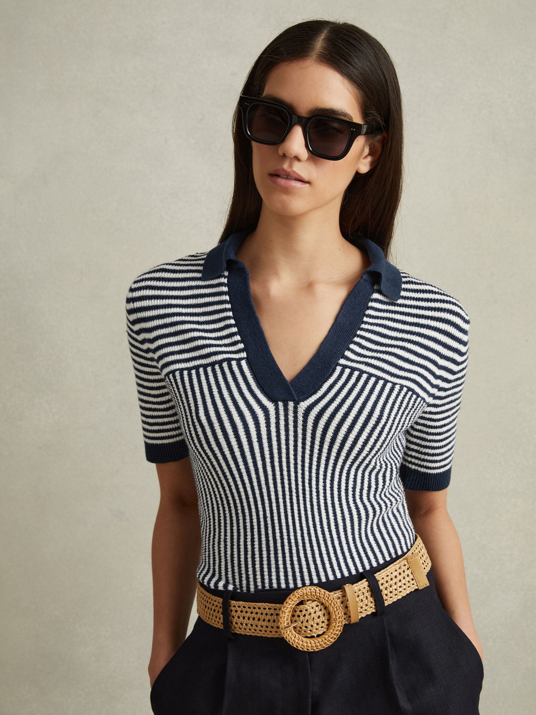 Linen Blend Open Collar Striped Polo Shirt in Navy/Ivory - Image 1 of 5