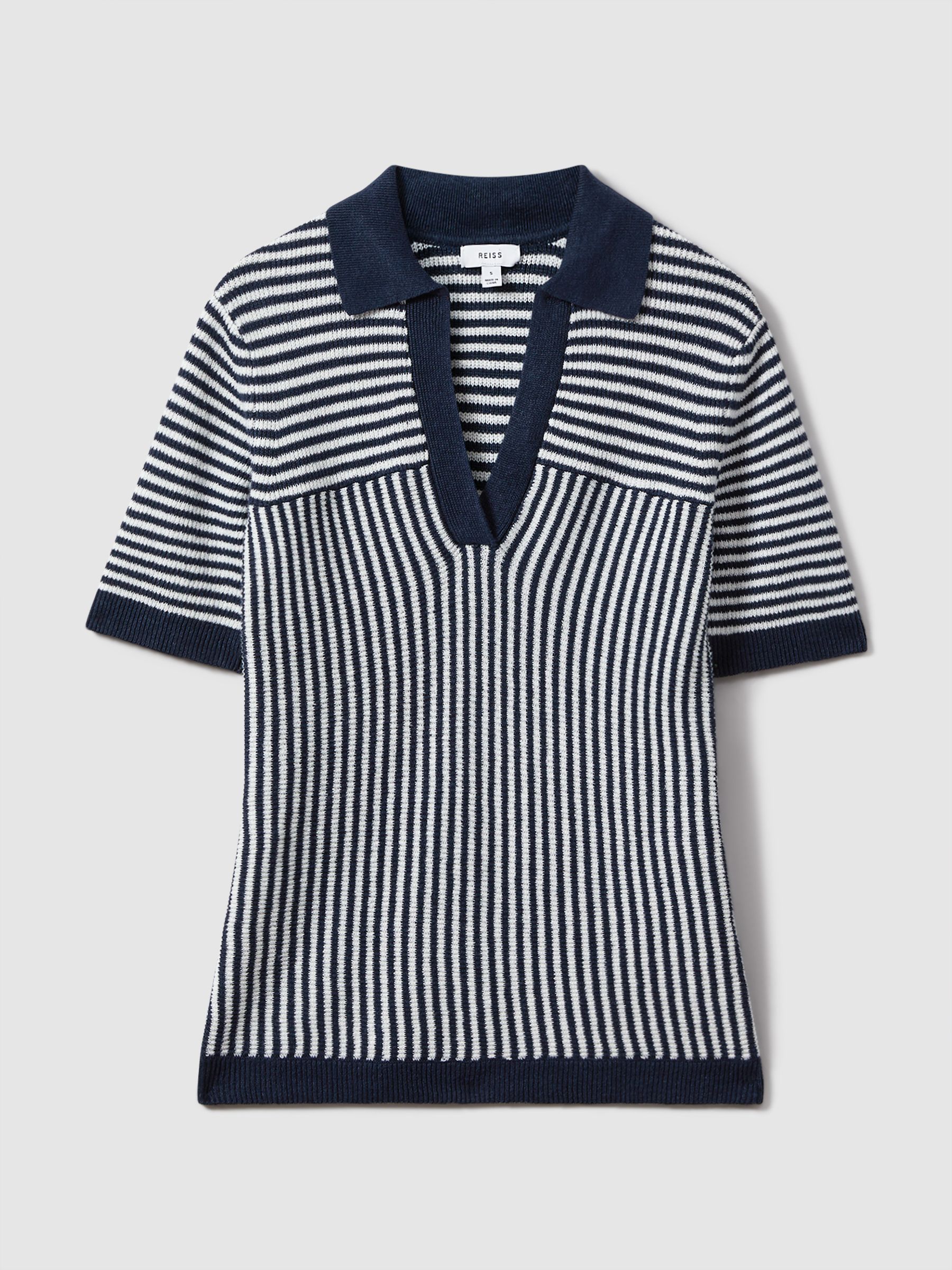Linen Blend Open Collar Striped Polo Shirt in Navy/Ivory - Image 2 of 5