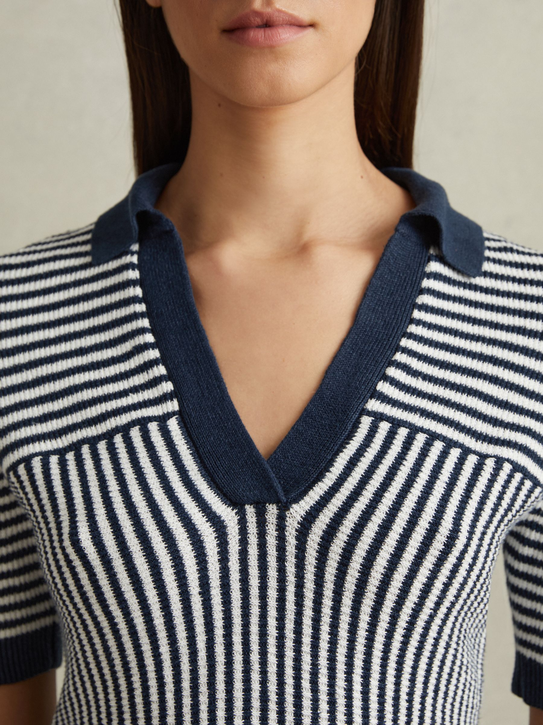 Linen Blend Open Collar Striped Polo Shirt in Navy/Ivory - Image 3 of 5