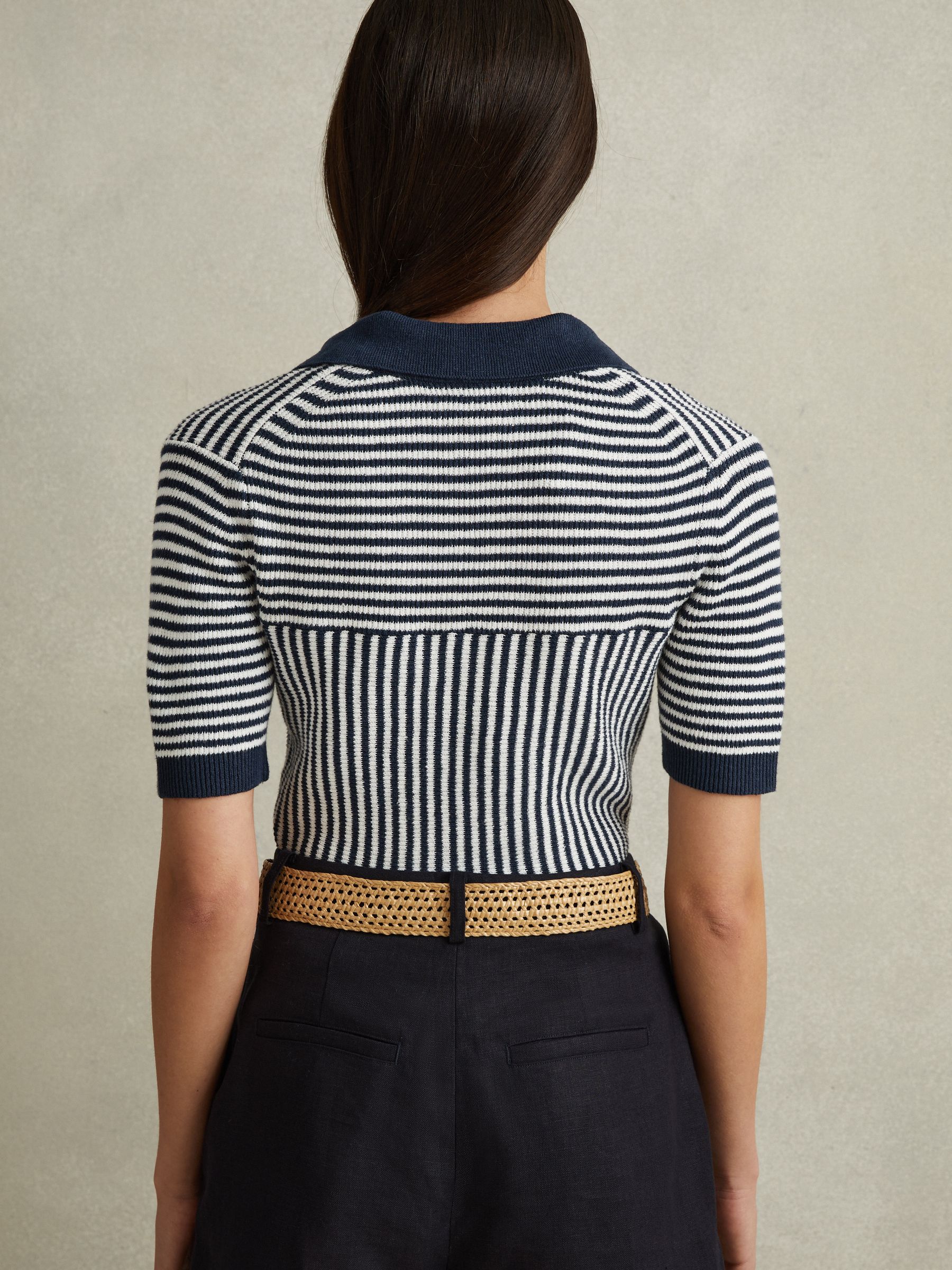 Linen Blend Open Collar Striped Polo Shirt in Navy/Ivory - Image 4 of 5