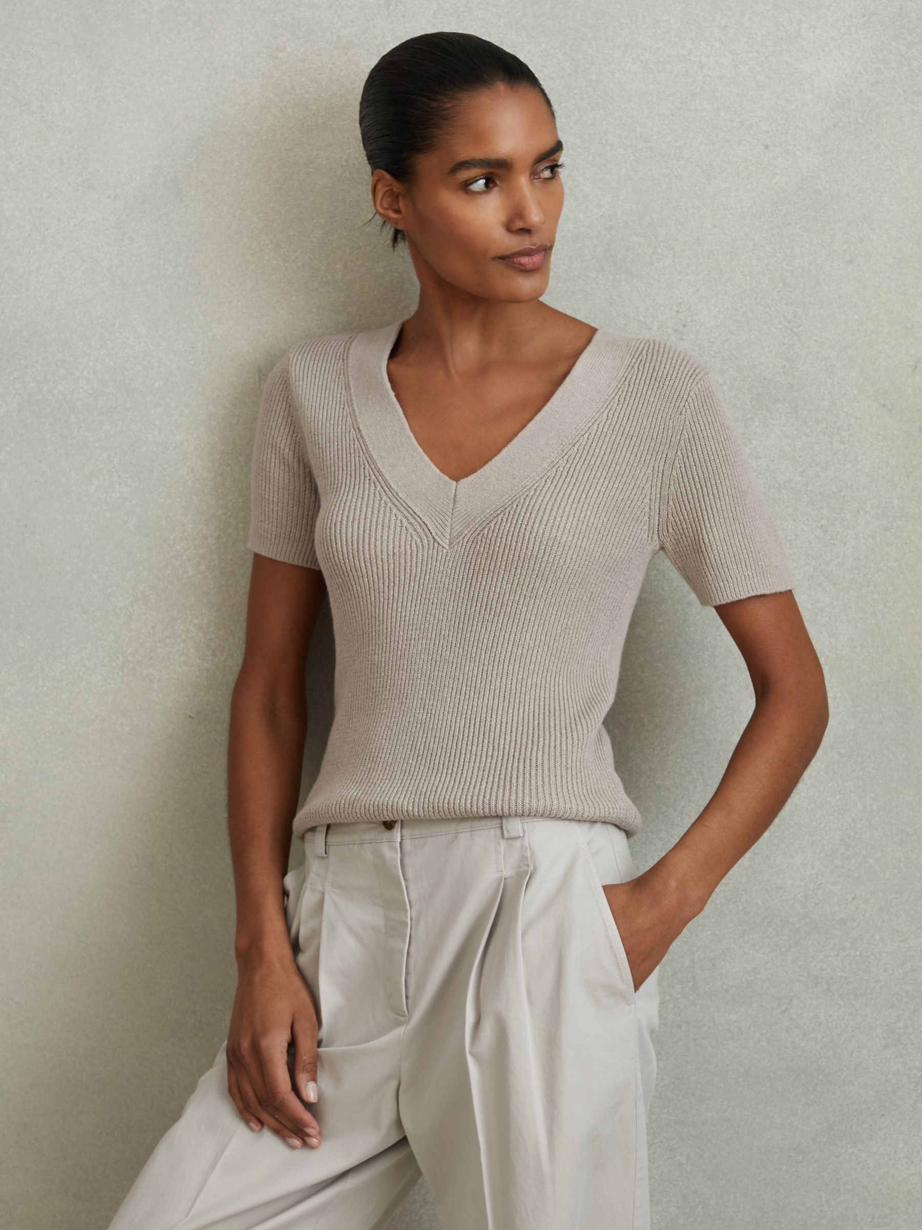 Cotton Blend Knitted V-Neck Top in Neutral - Image 1 of 7