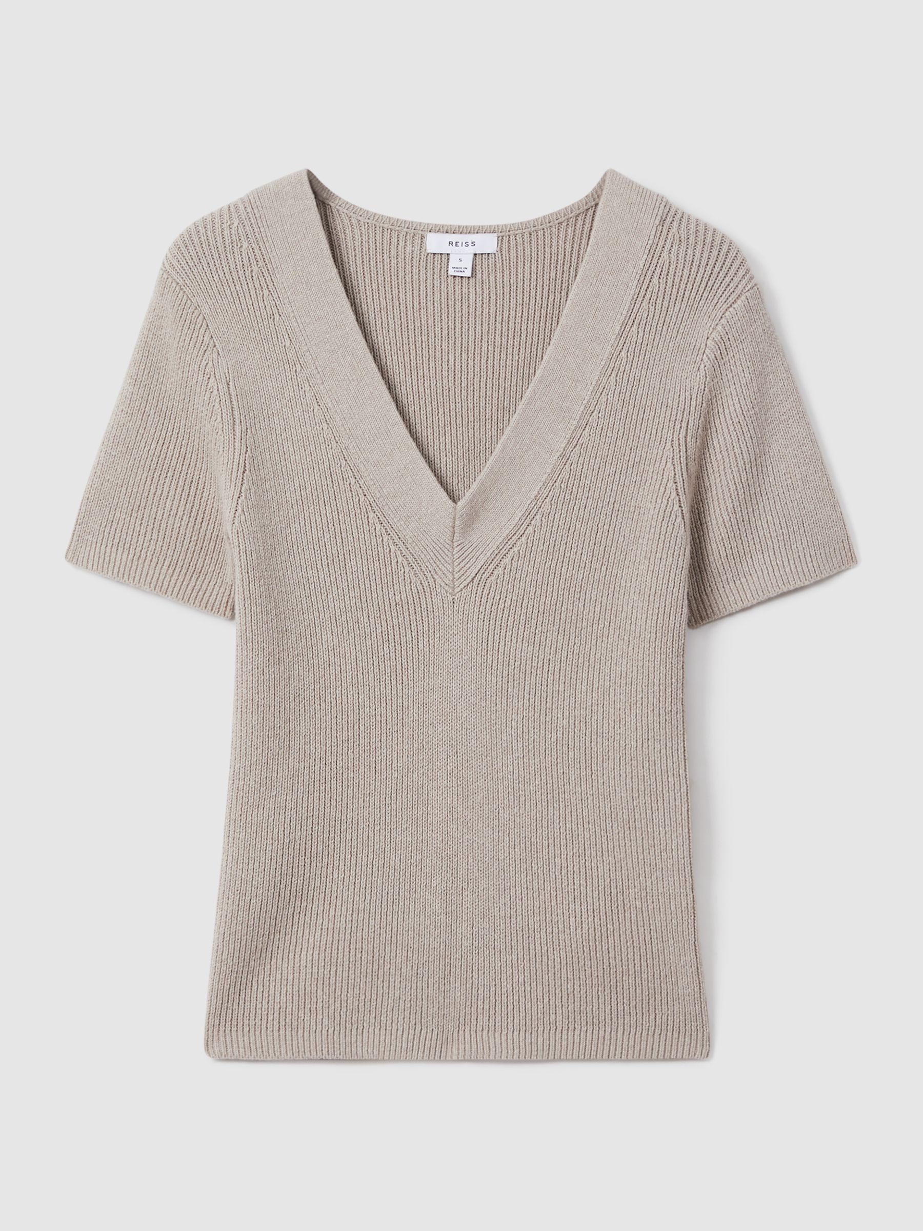 Cotton Blend Knitted V-Neck Top in Neutral - Image 2 of 7