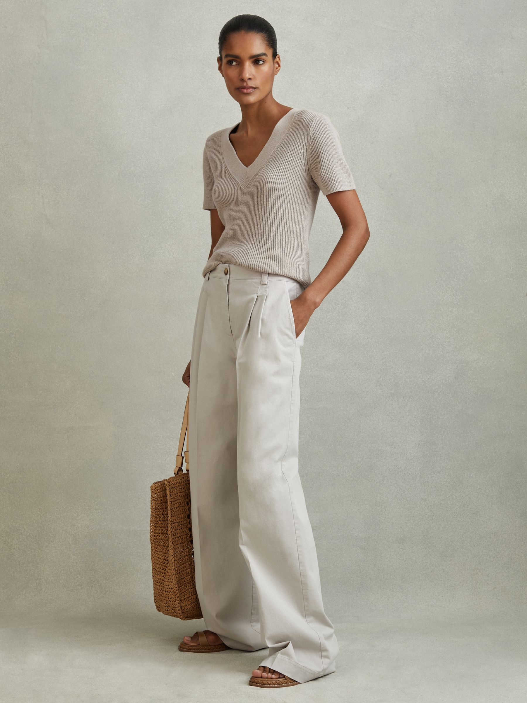 Cotton Blend Knitted V-Neck Top in Neutral - Image 3 of 7