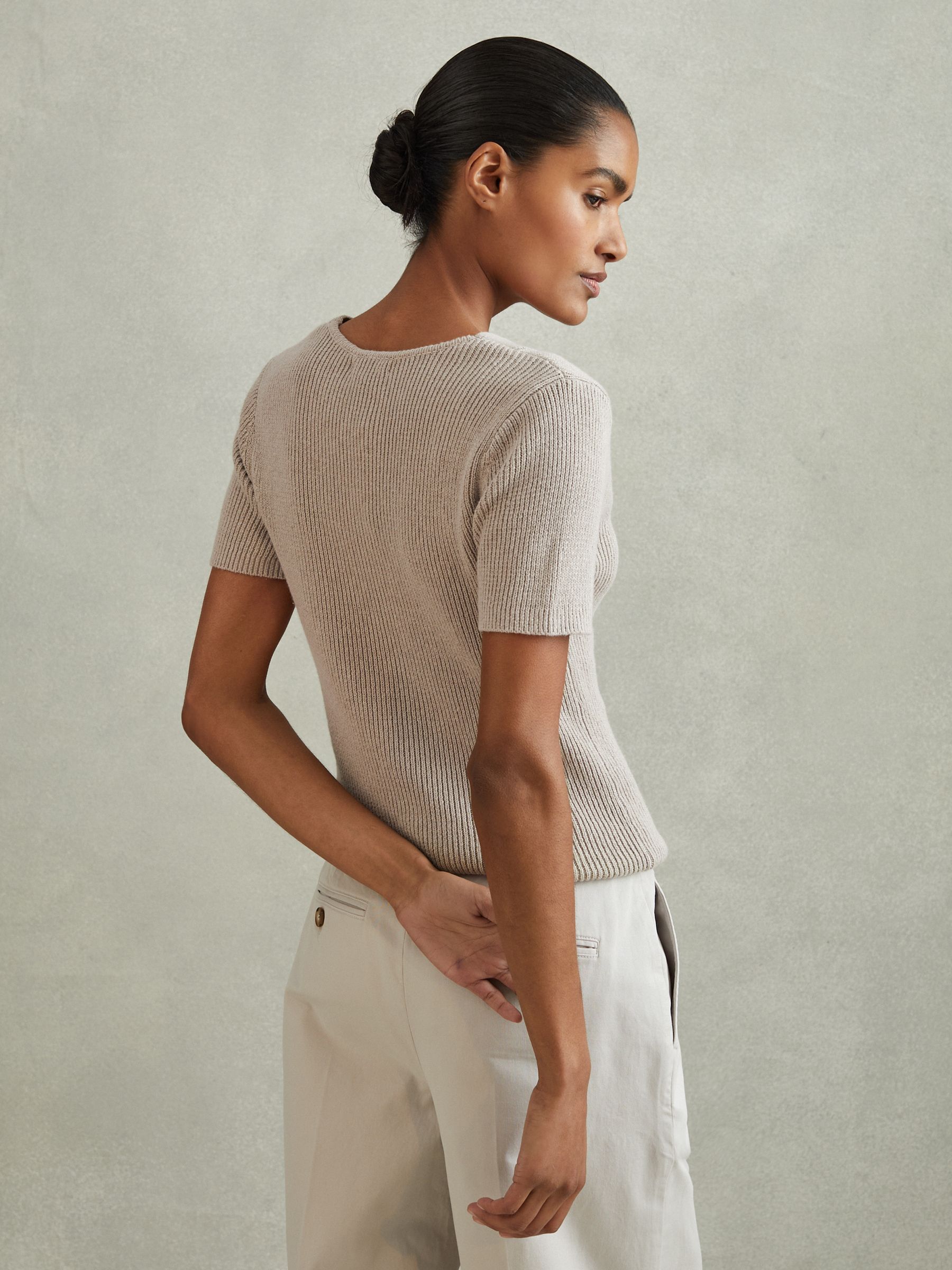 Cotton Blend Knitted V-Neck Top in Neutral - Image 5 of 7