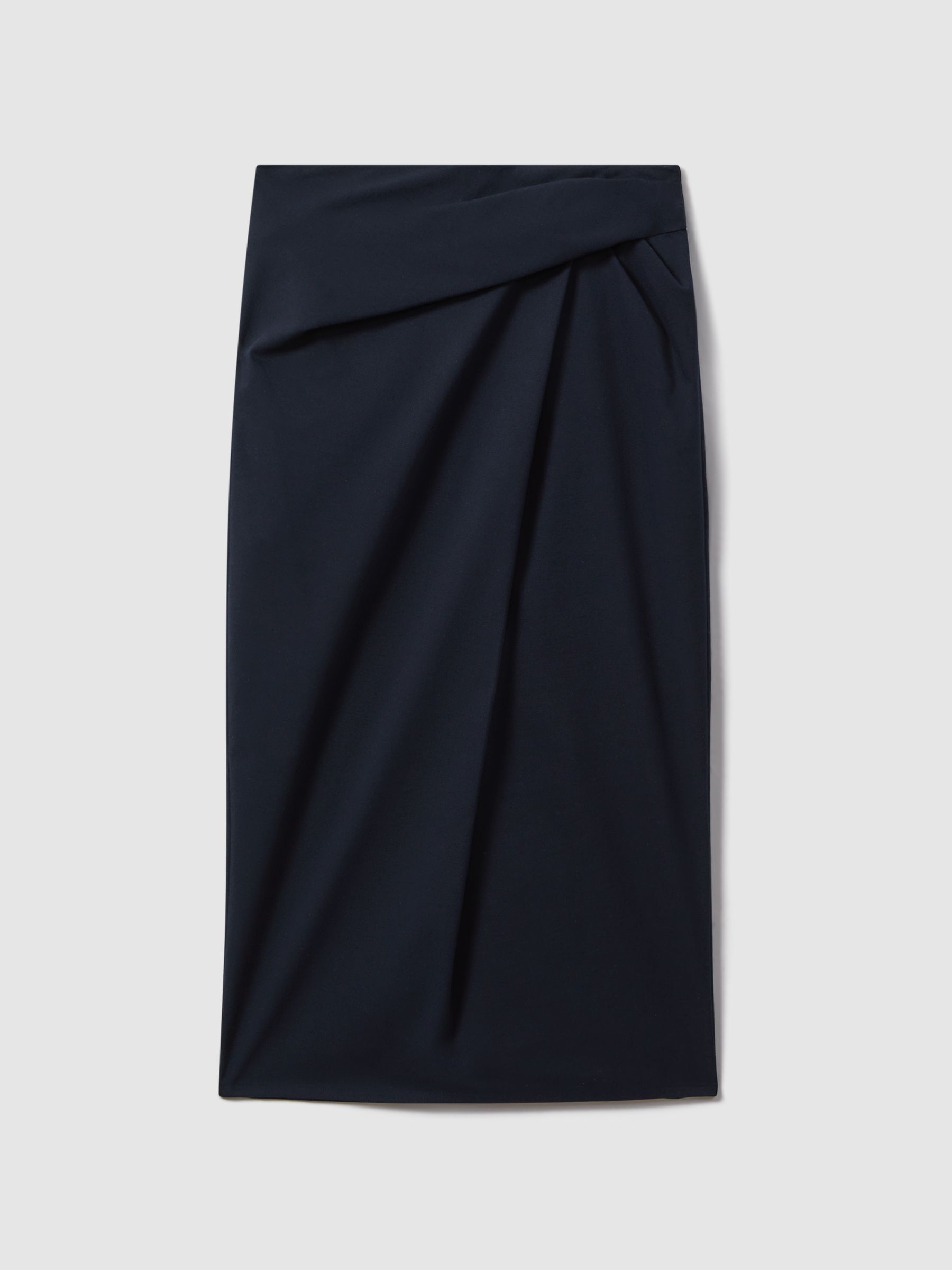 Cotton Blend Wrap Front Midi Skirt in Navy - Image 2 of 5