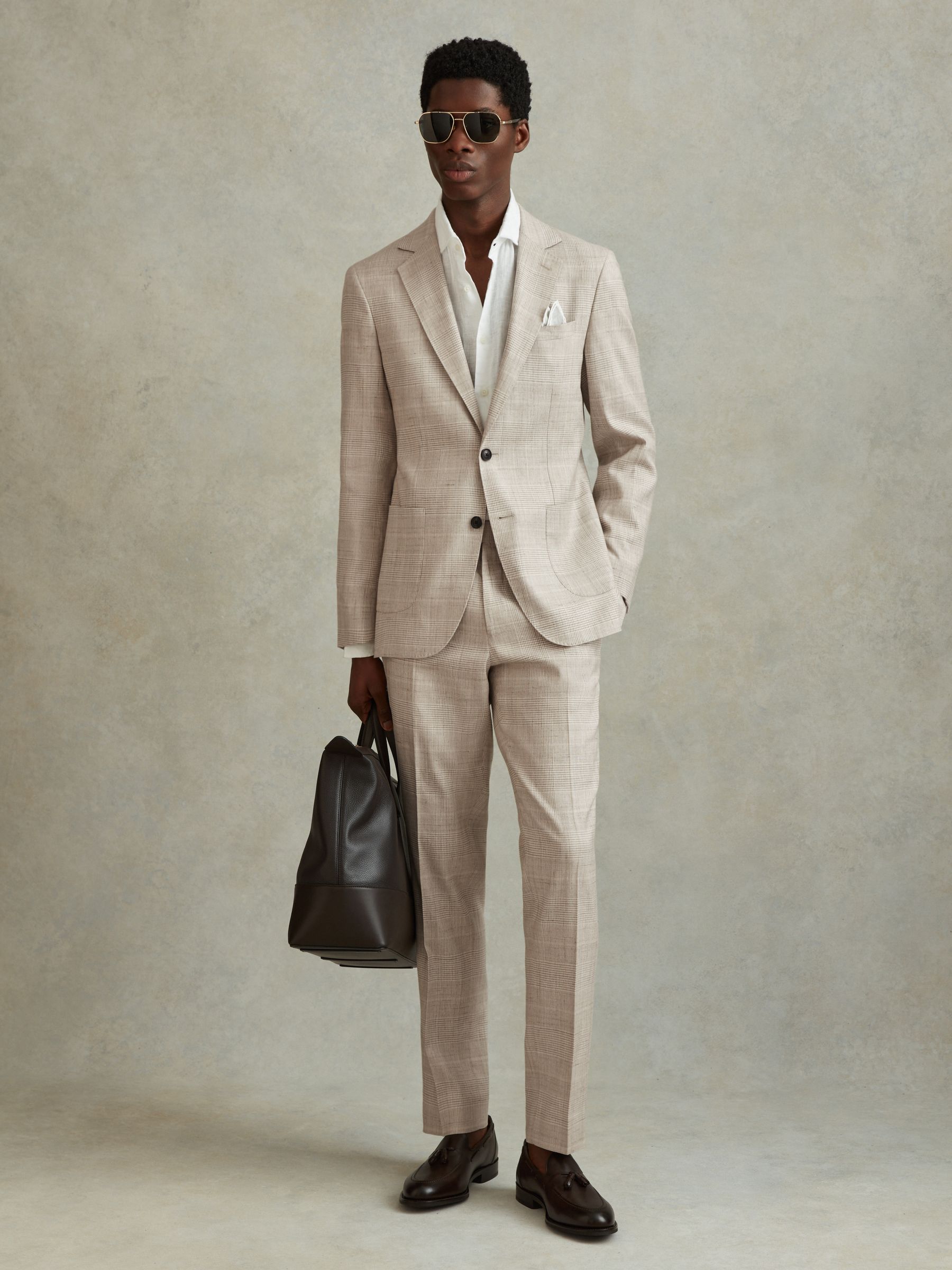 Slim Fit Linen Blend Check Trousers in Oatmeal - Image 1 of 6