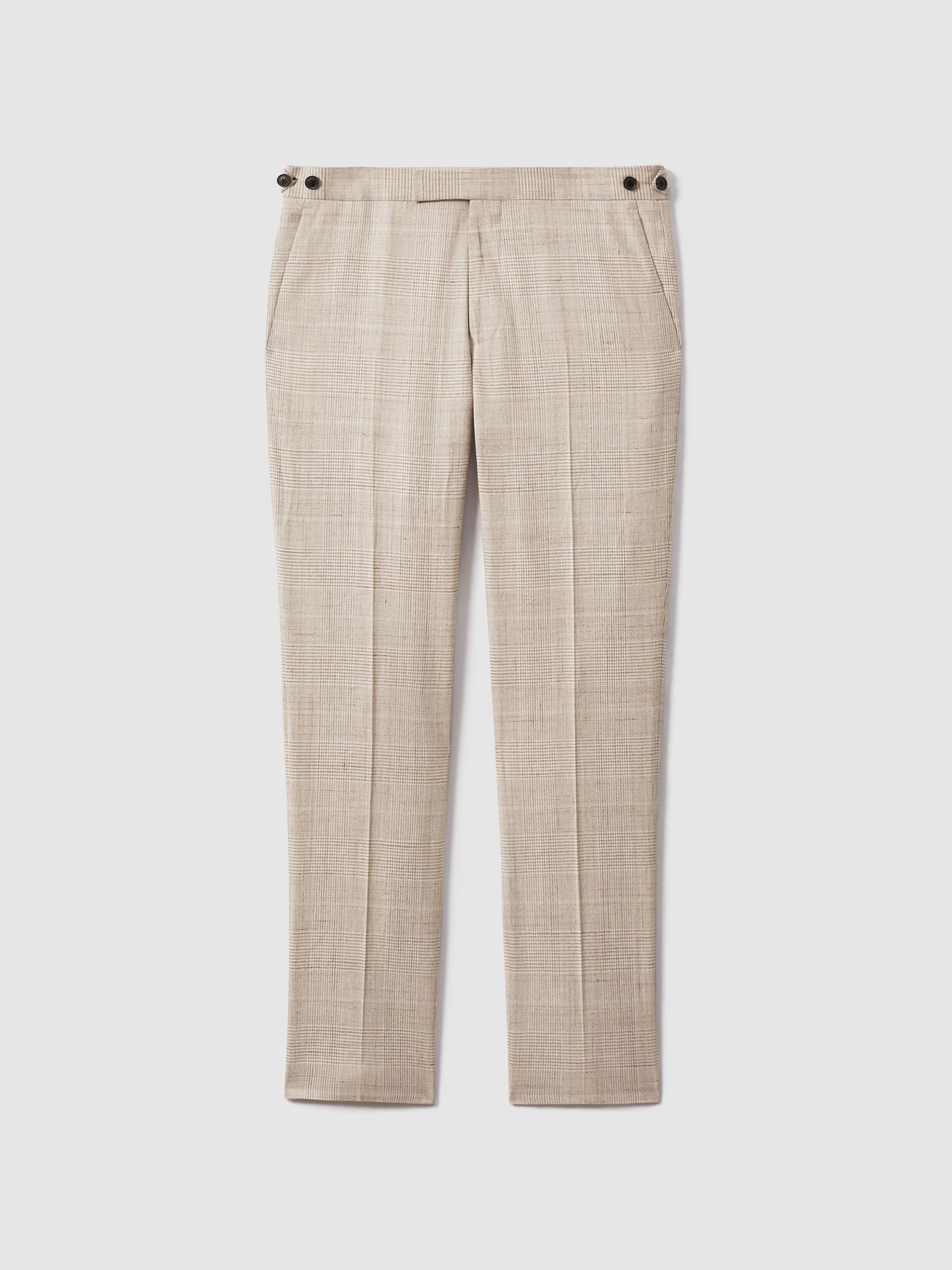 Slim Fit Linen Blend Check Trousers in Oatmeal - Image 2 of 6