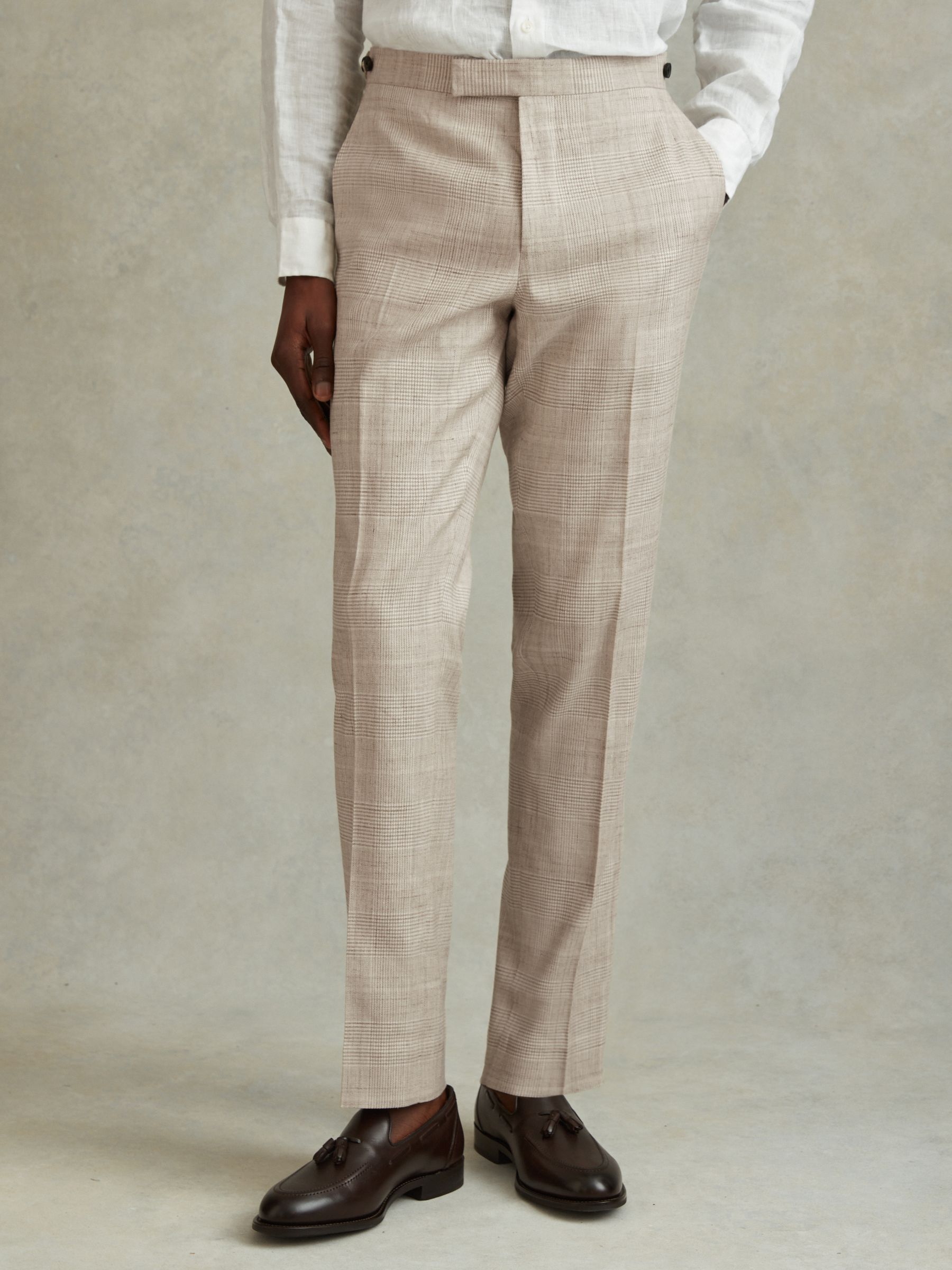 Slim Fit Linen Blend Check Trousers in Oatmeal - Image 3 of 6