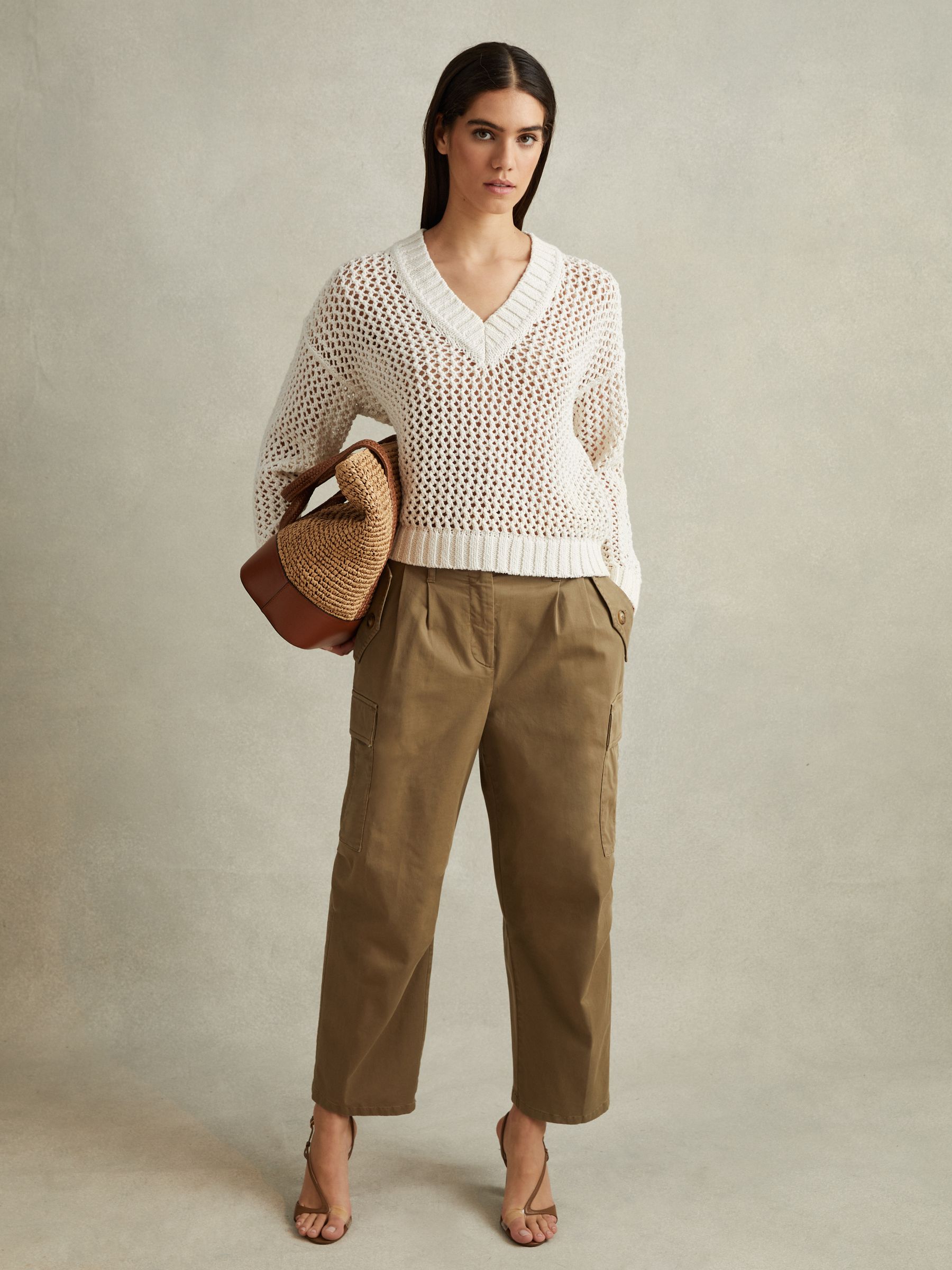 Linen Cotton Open Stitch Jumper in Ivory - Image 3 of 5