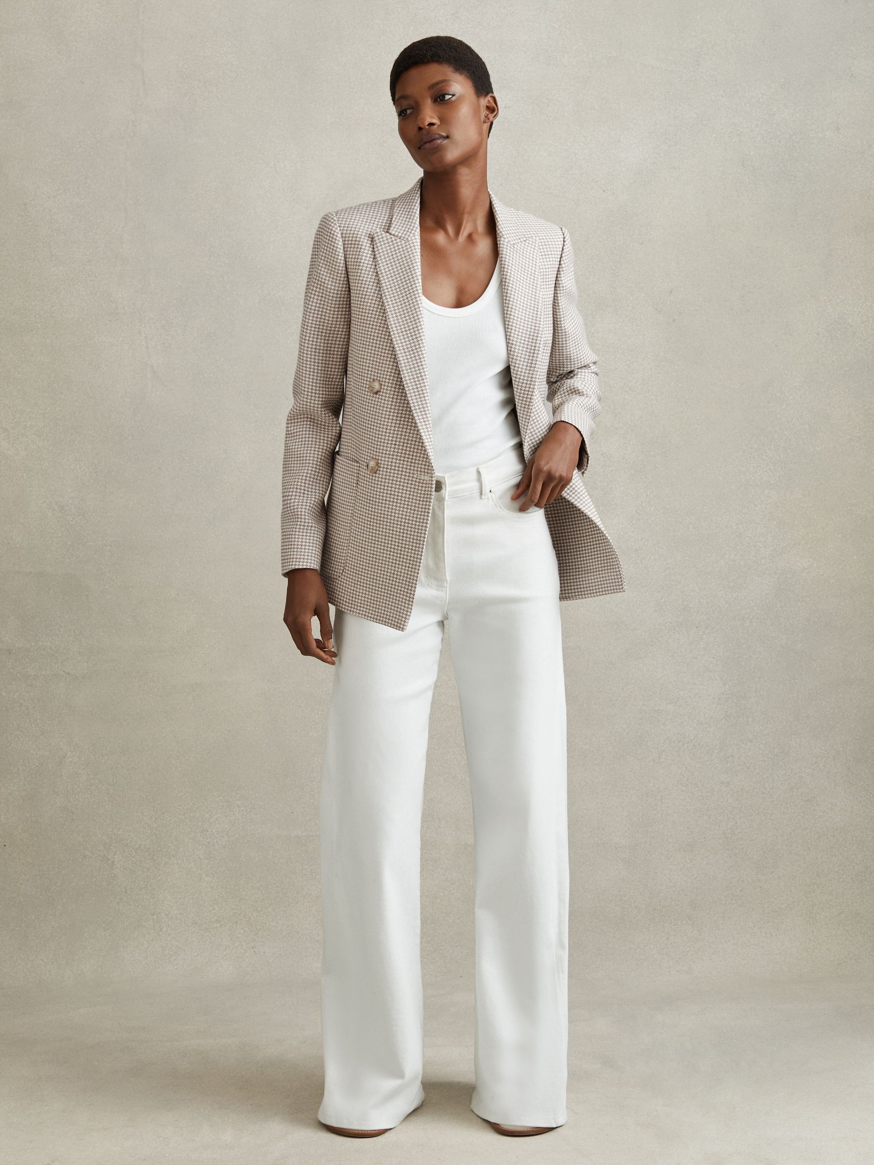 Petite Wool Blend Double Breasted Dogtooth Blazer in Beige Check - Image 1 of 8