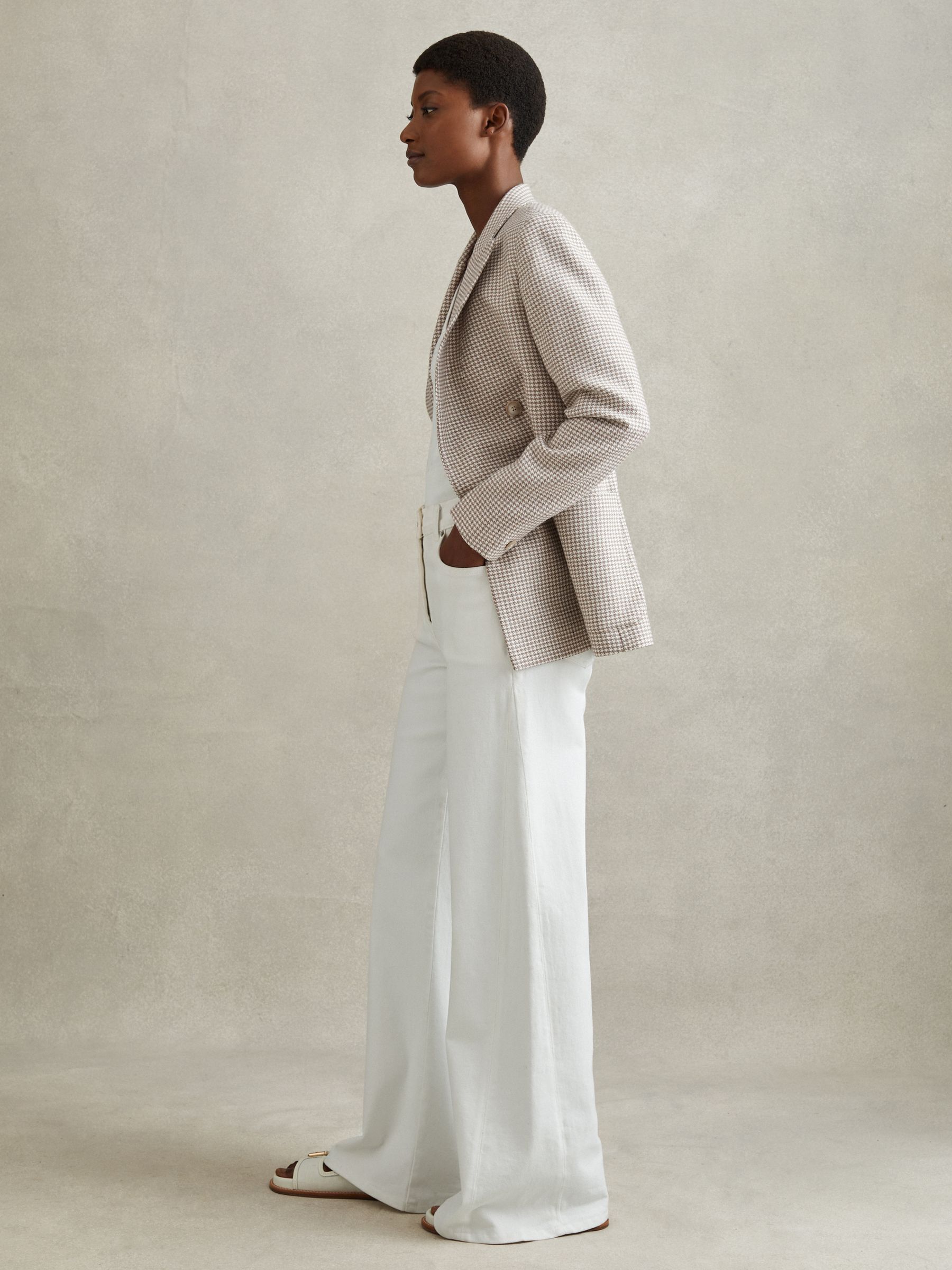 Petite Wool Blend Double Breasted Dogtooth Blazer in Beige Check - Image 4 of 8