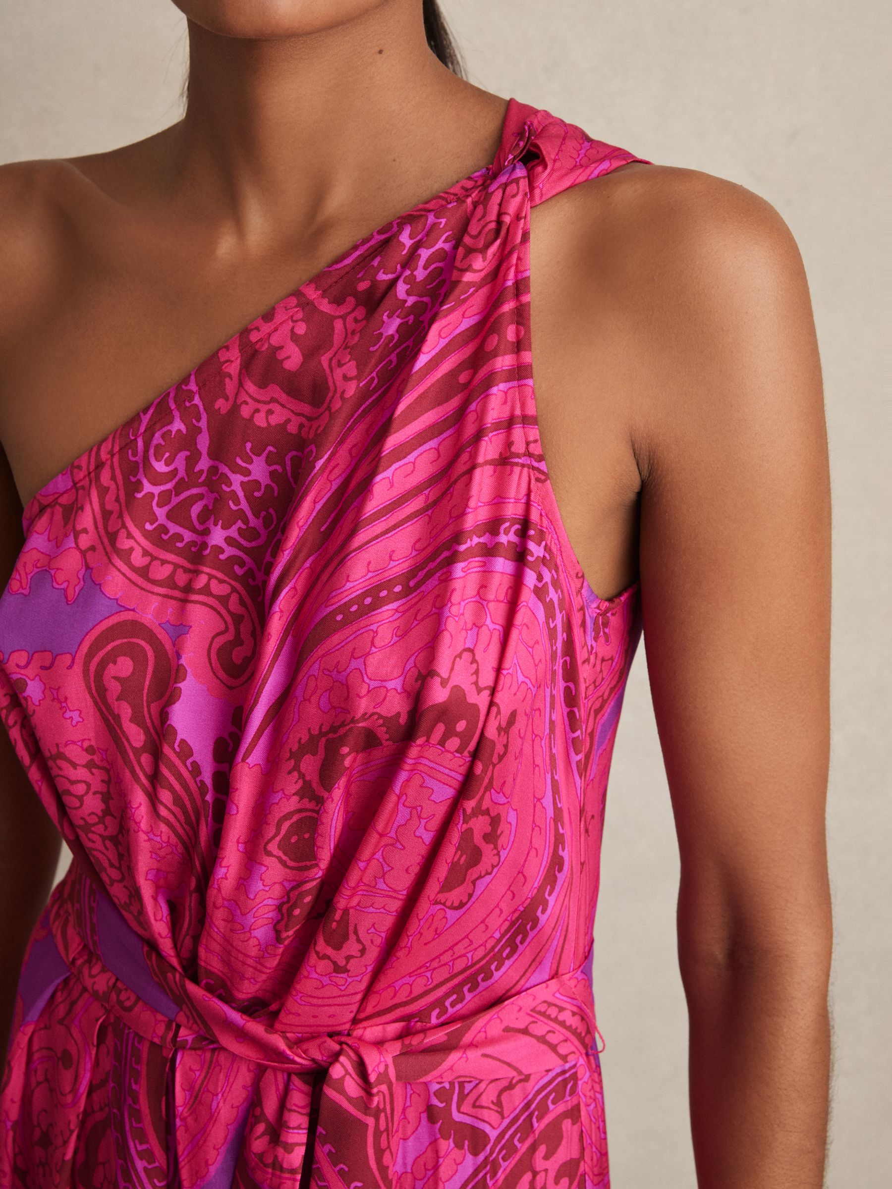 Paisley-Print One-Shoulder Midi Dress in Pink - Image 3 of 6