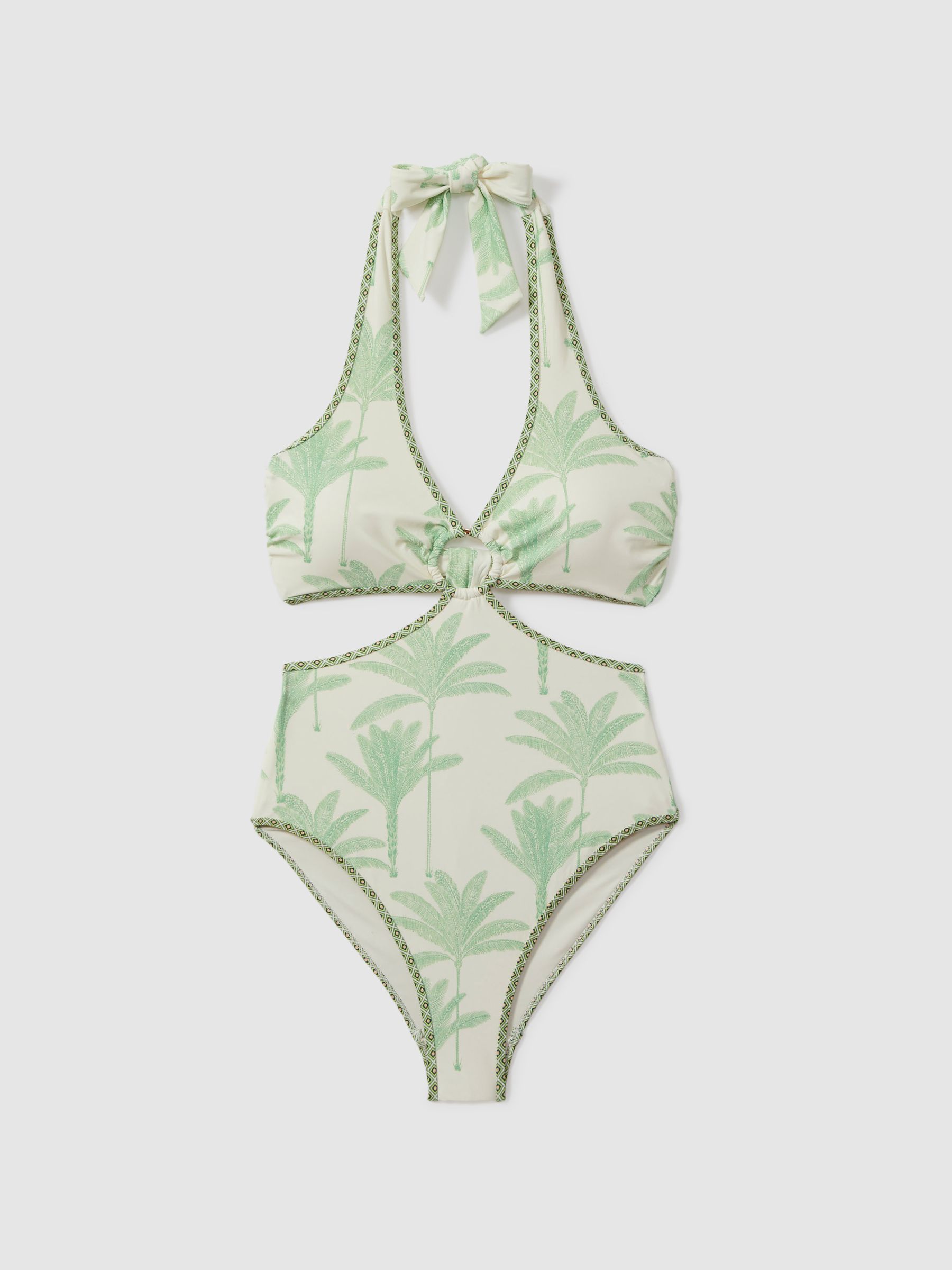 Palm Tree Halter Neck Swimsuit in Green/Cream - Image 2 of 4