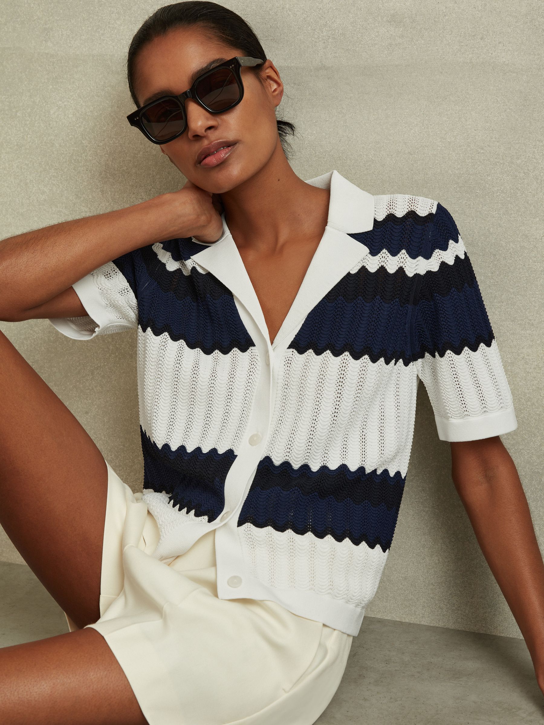 Knitted Colourblock Cuban Collar Shirt in Navy/White - Image 1 of 6