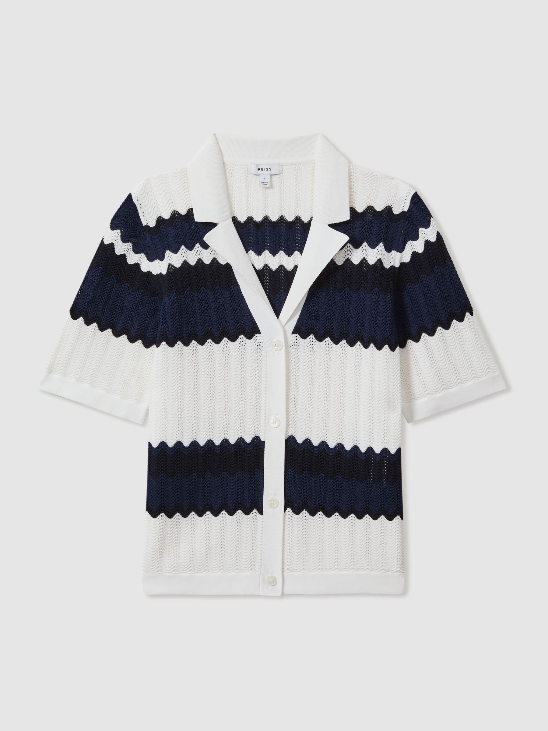 Knitted Colourblock Cuban Collar Shirt in Navy/White - Image 2 of 6 Knitted Colourblock Cuban Collar Shirt in Navy/White - Image 2 of 6