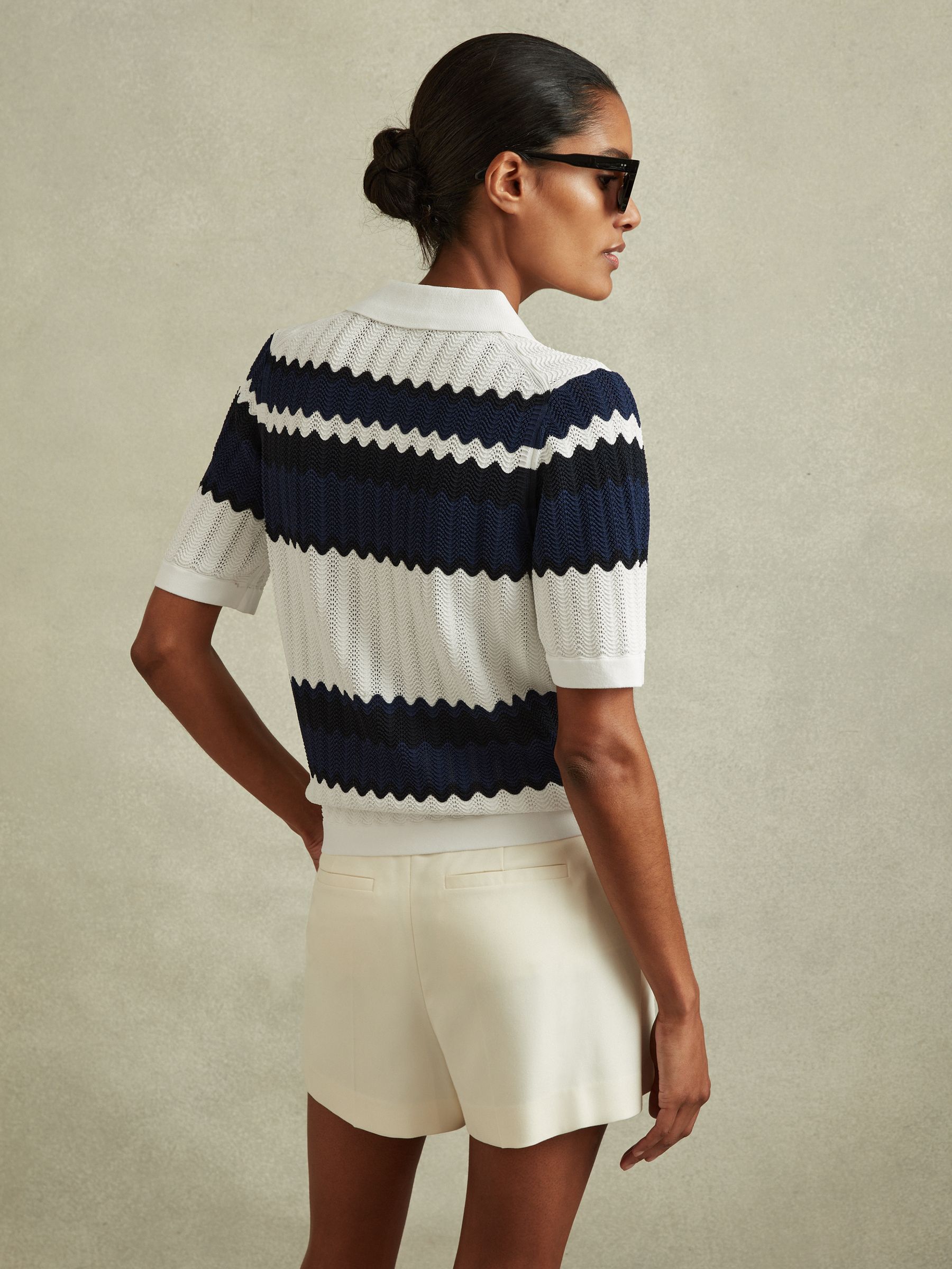 Knitted Colourblock Cuban Collar Shirt in Navy/White - Image 5 of 6