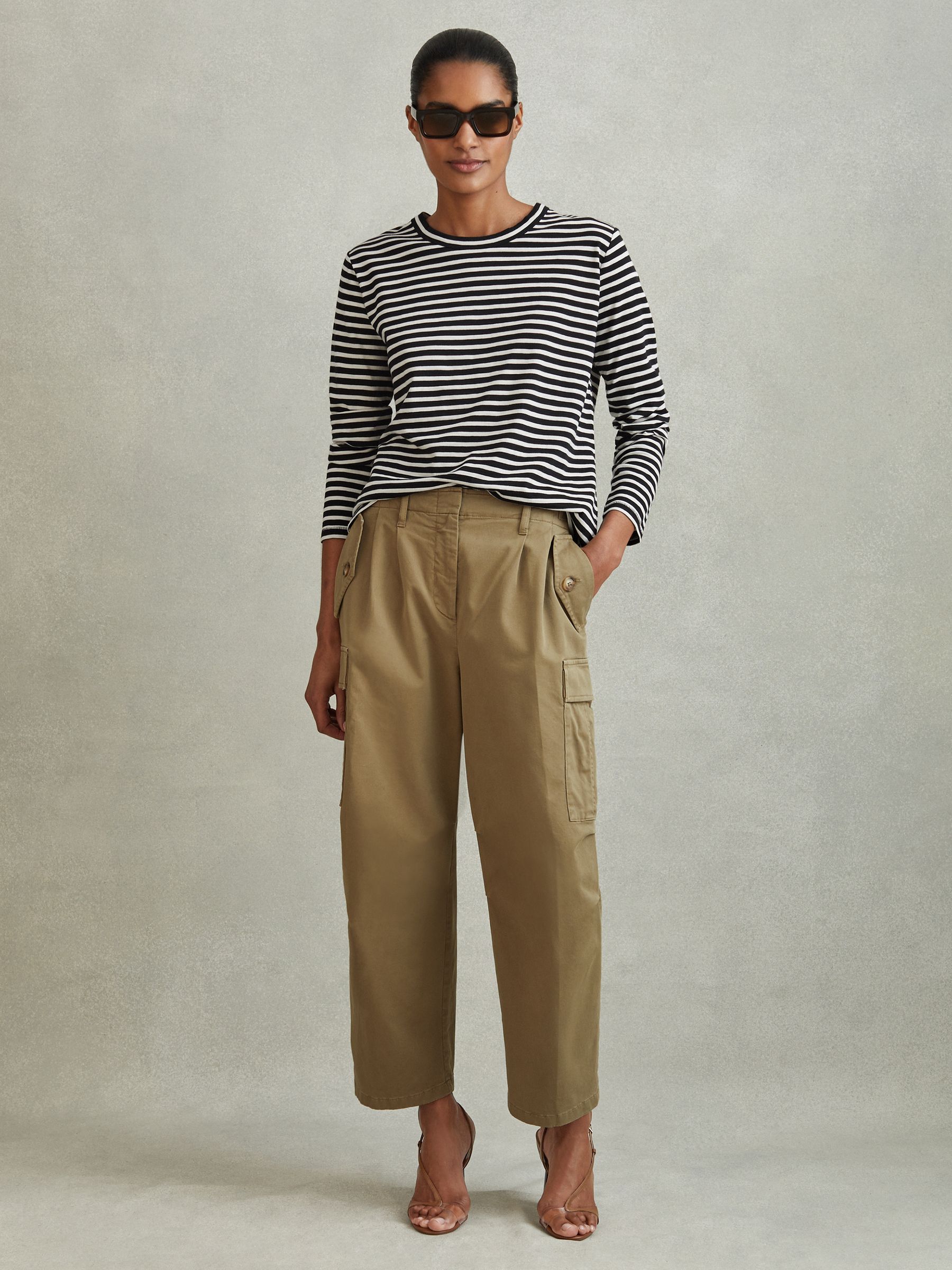 Cotton Striped Crew Neck Top in Black/Ivory - Image 1 of 6