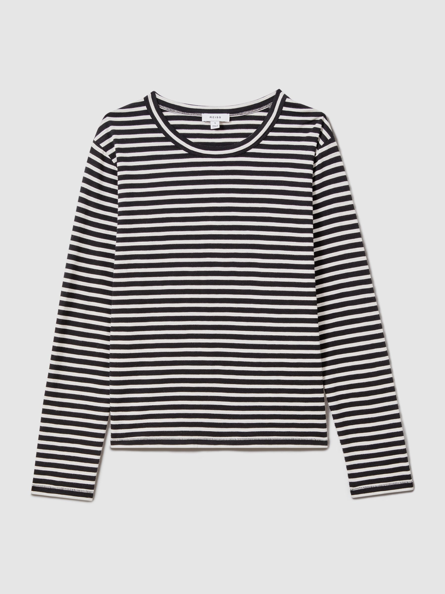 Cotton Striped Crew Neck Top in Black/Ivory - Image 2 of 6