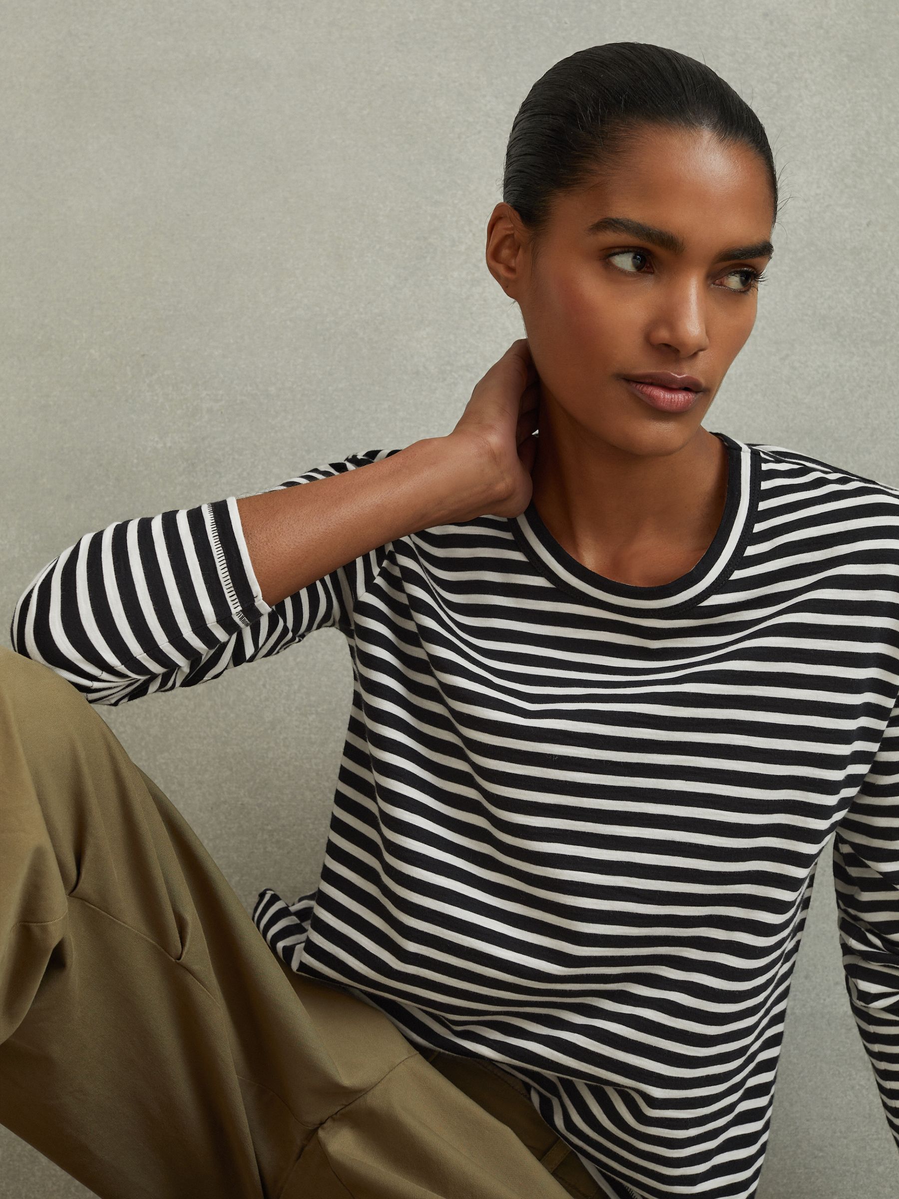 Cotton Striped Crew Neck Top in Black/Ivory - Image 3 of 6