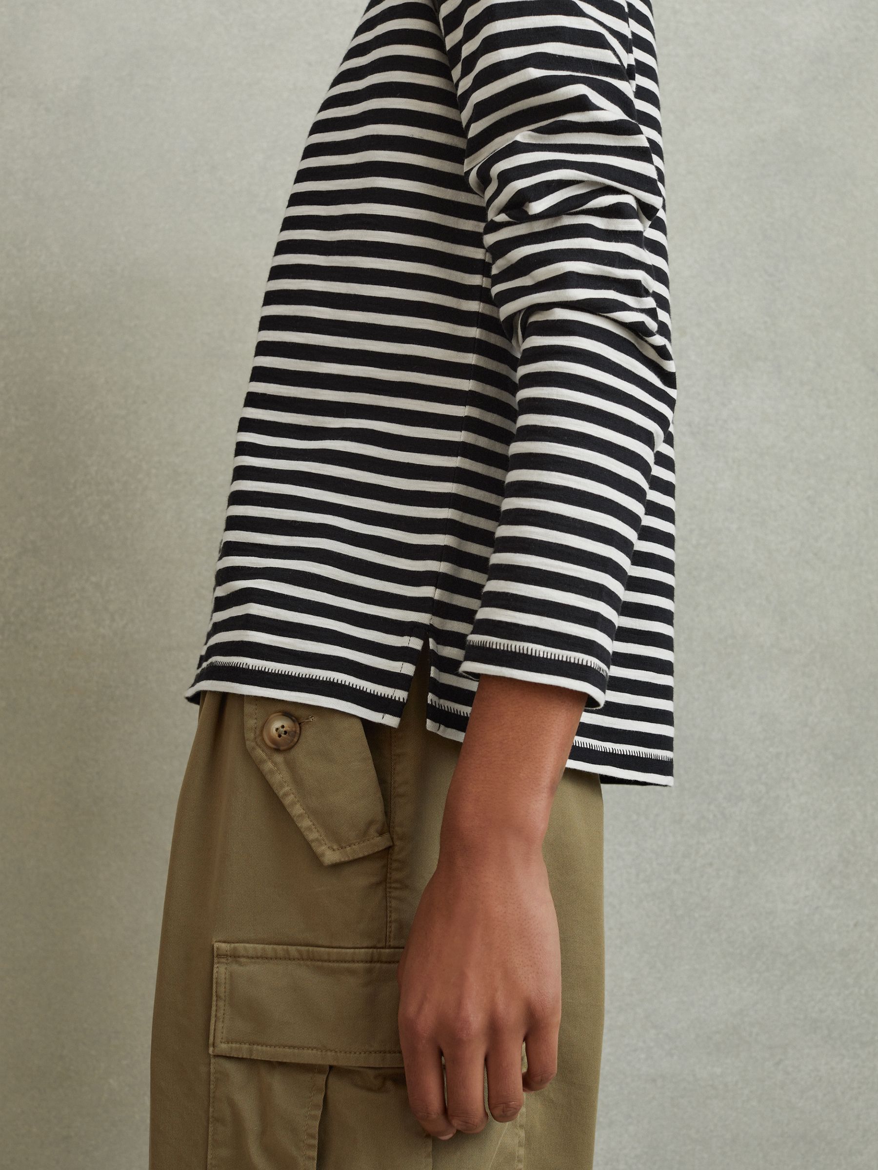 Cotton Striped Crew Neck Top in Black/Ivory - Image 4 of 6