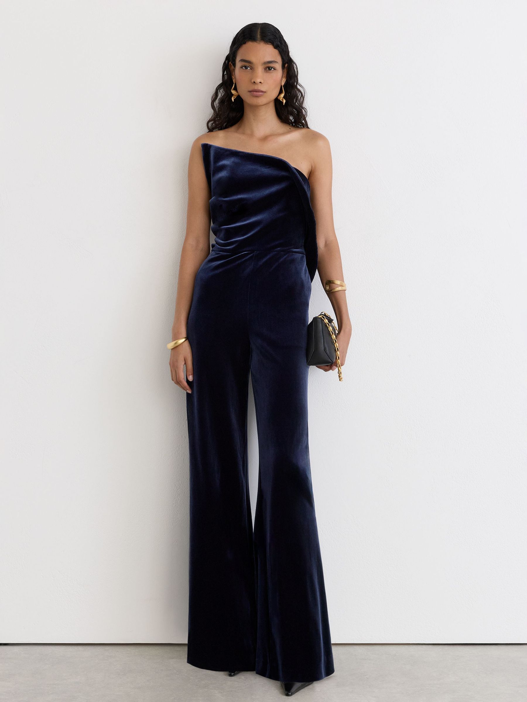Velvet Structured Strapless Wide-Leg Jumpsuit in Navy - Image 1 of 7 Velvet Structured Strapless Wide-Leg Jumpsuit in Navy - Image 1 of 7