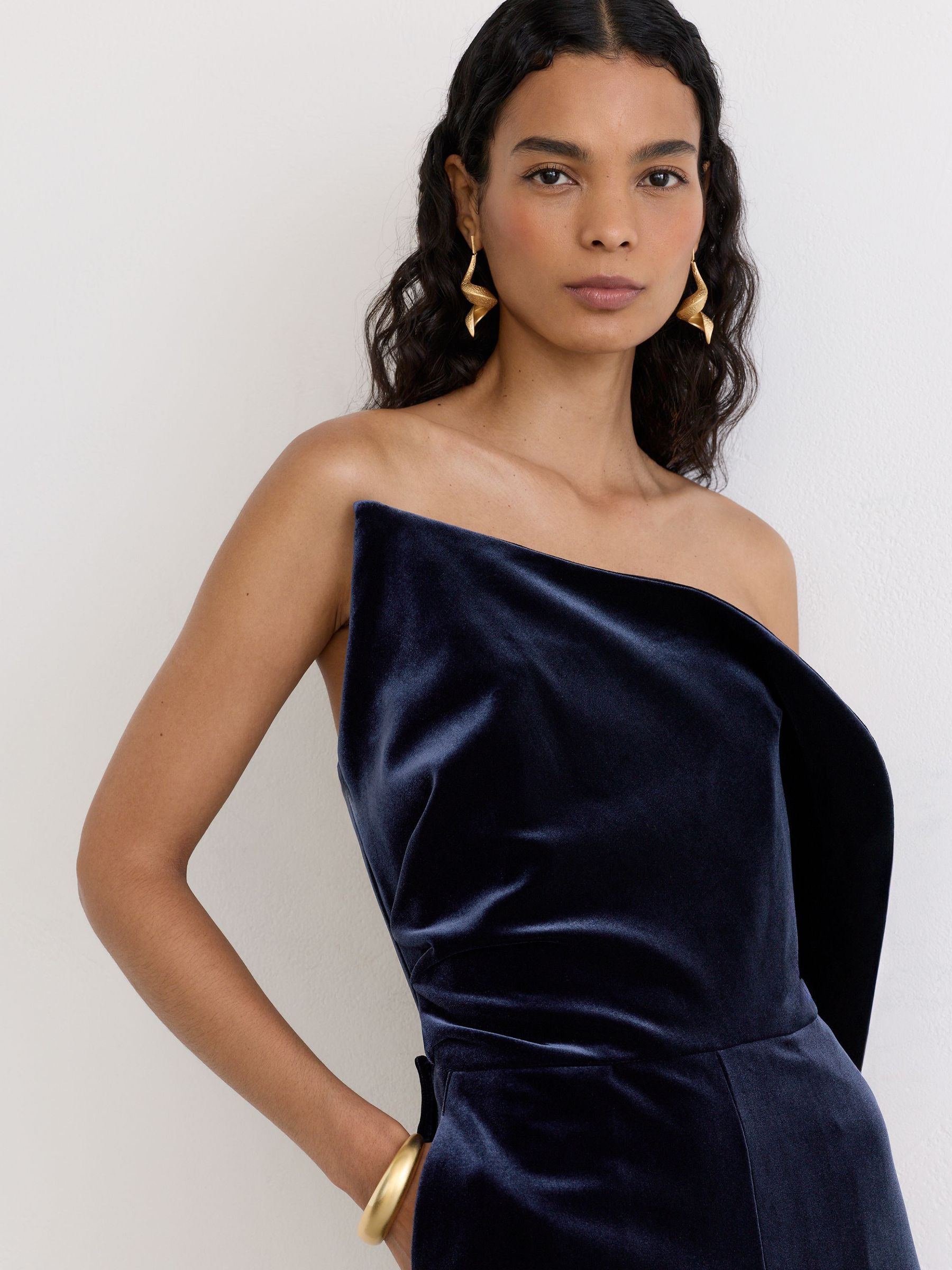Velvet Structured Strapless Wide-Leg Jumpsuit in Navy - Image 3 of 7