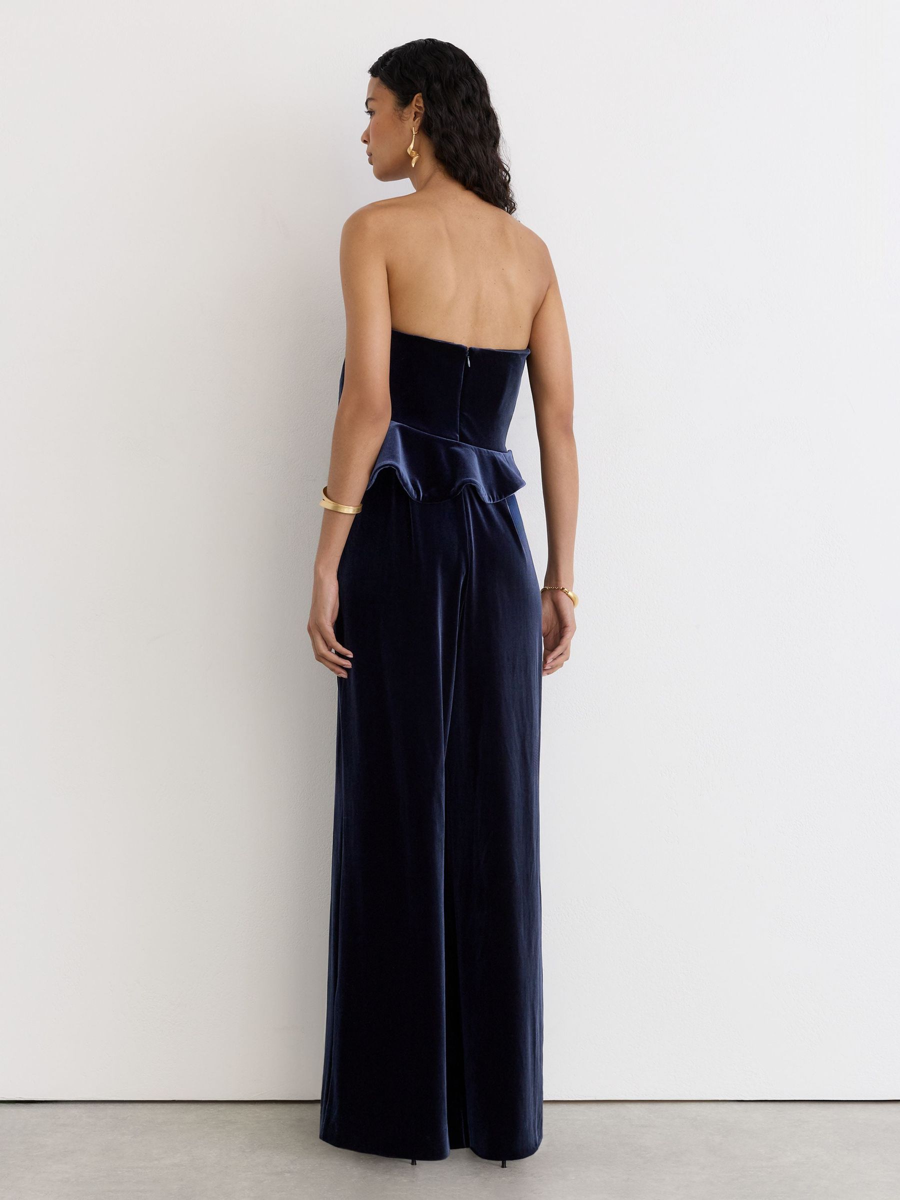 Velvet Structured Strapless Wide-Leg Jumpsuit in Navy - Image 4 of 7