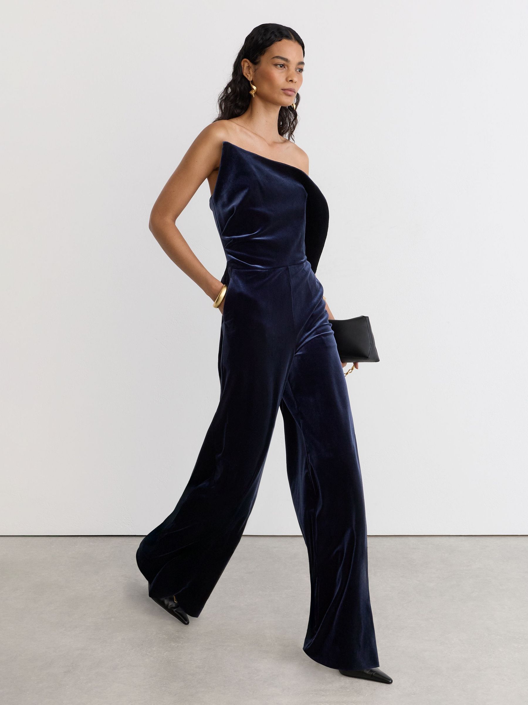 Velvet Structured Strapless Wide-Leg Jumpsuit in Navy - Image 5 of 7