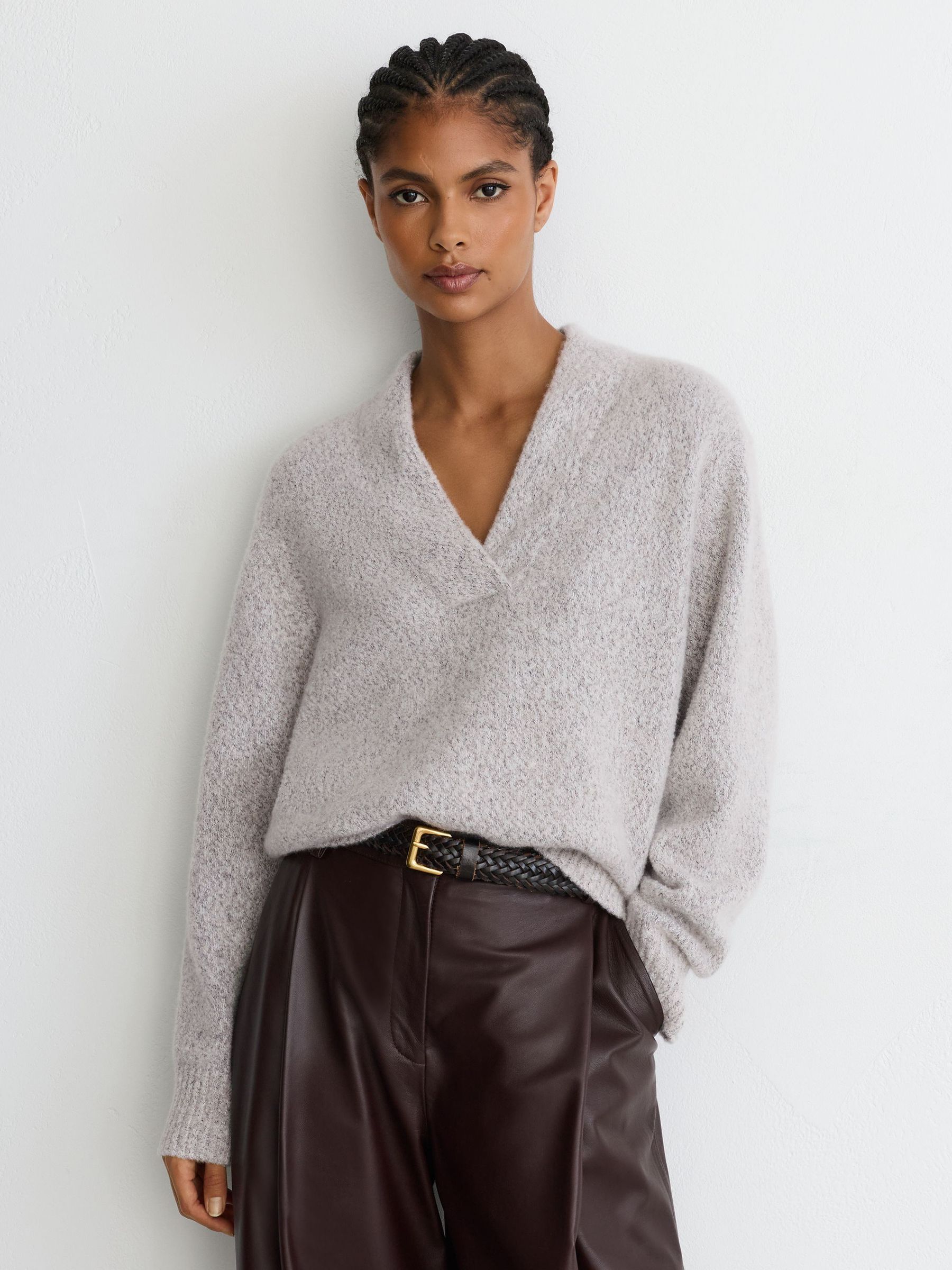 Cashmere-Blend Bouclé V-Neck Jumper in Grey - Image 1 of 7