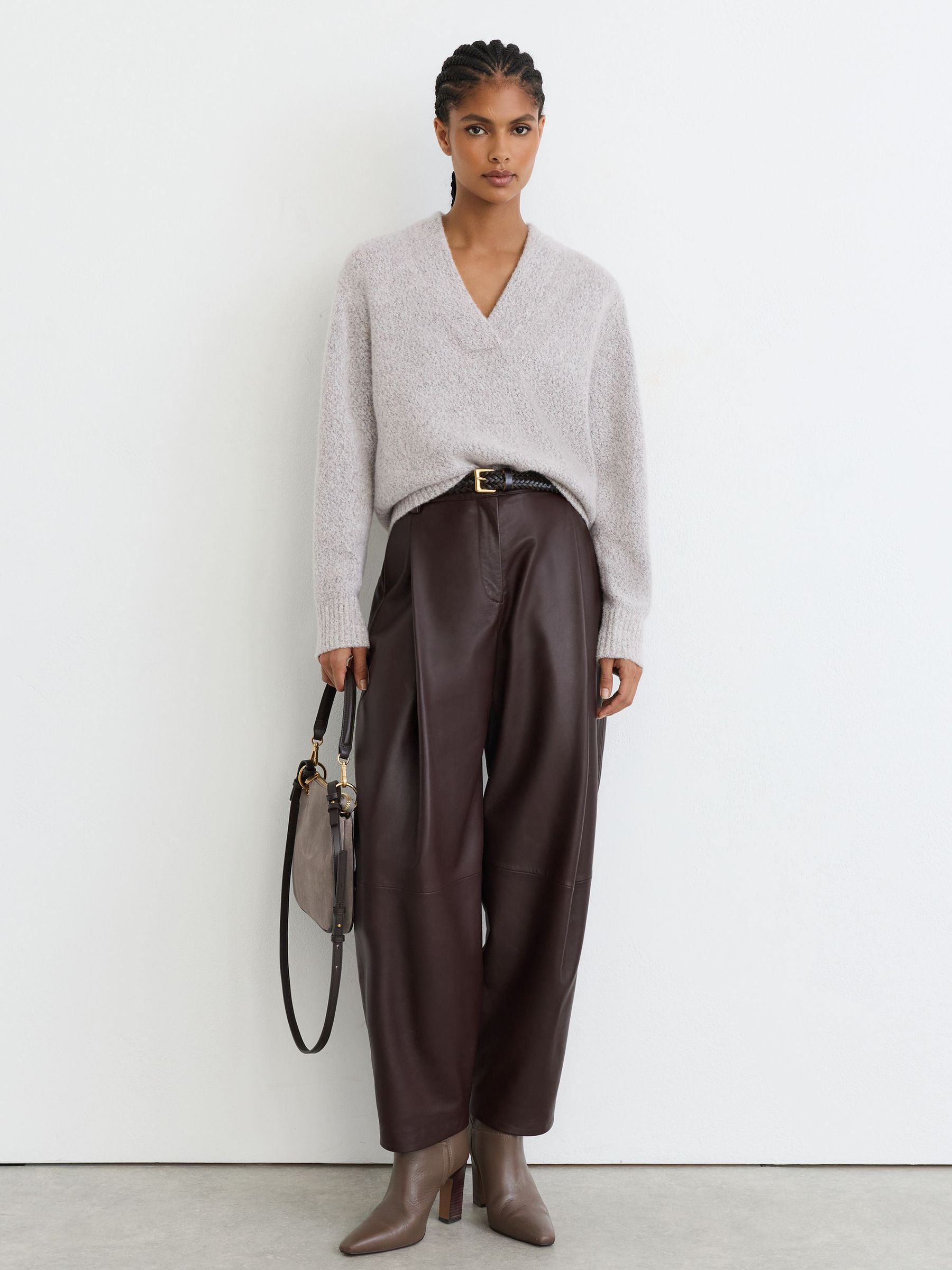 Cashmere-Blend Bouclé V-Neck Jumper in Grey - Image 3 of 7