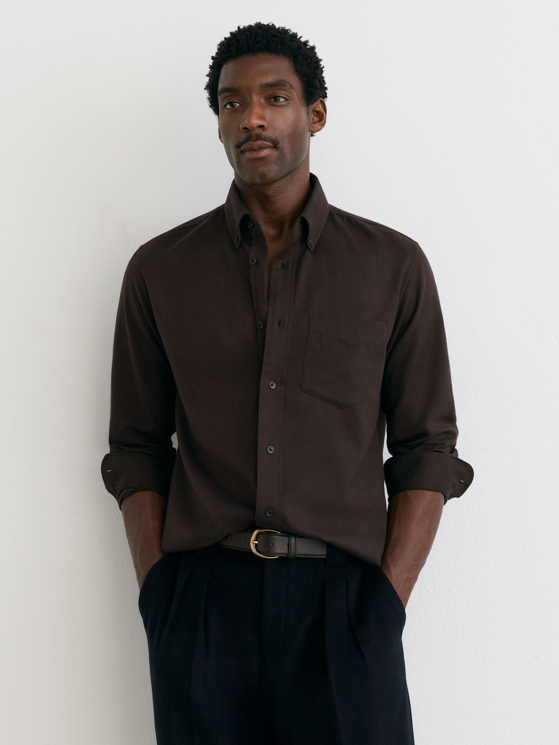 Cotton Flannel Button-Down Shirt Regular-Fit in Dark Brown - Image 1 of 7