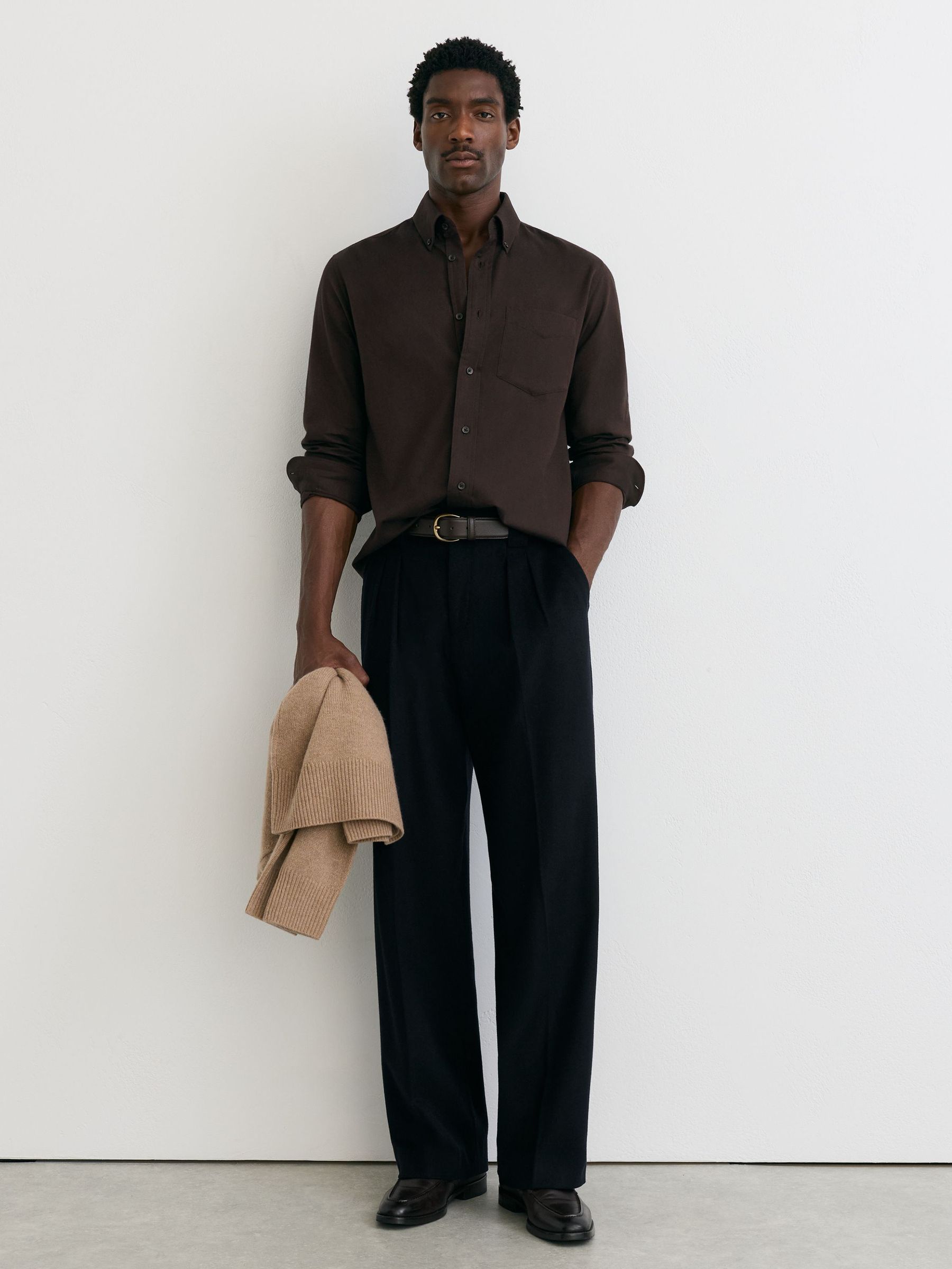Cotton Flannel Button-Down Shirt Regular-Fit in Dark Brown - Image 3 of 7