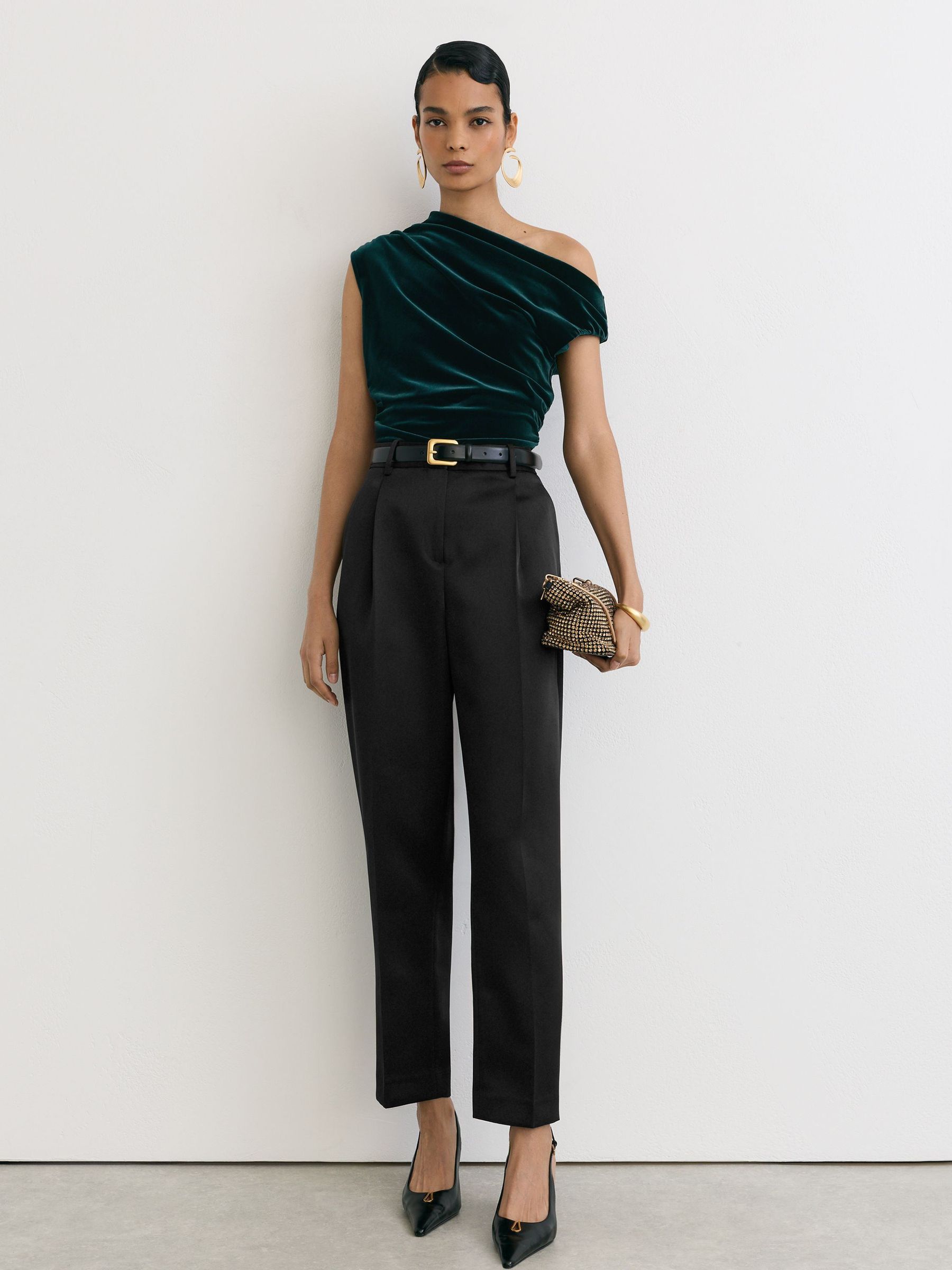 Velvet Off-Shoulder Top in Teal Green - Image 4 of 7