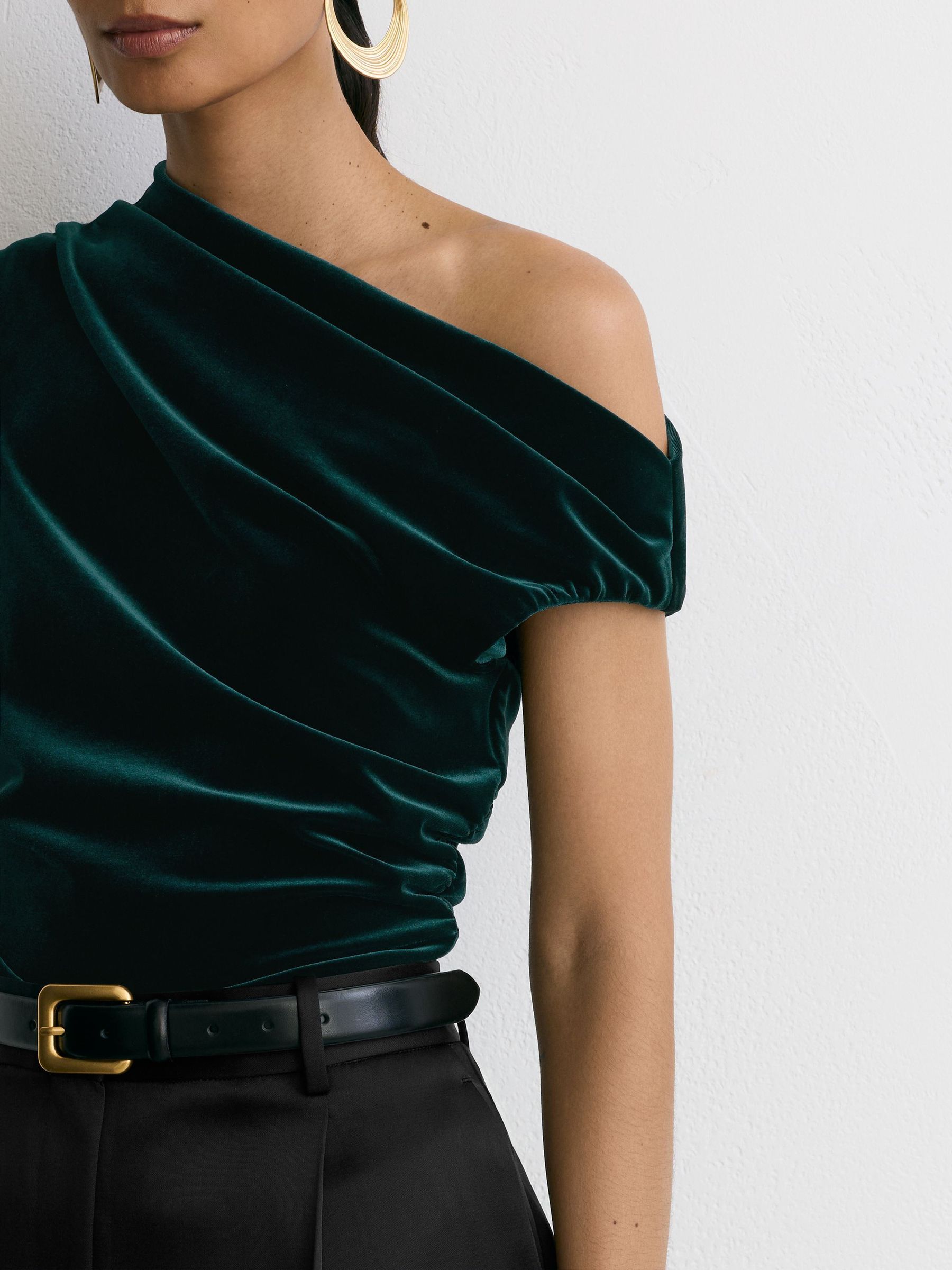 Velvet Off-Shoulder Top in Teal Green - Image 6 of 7