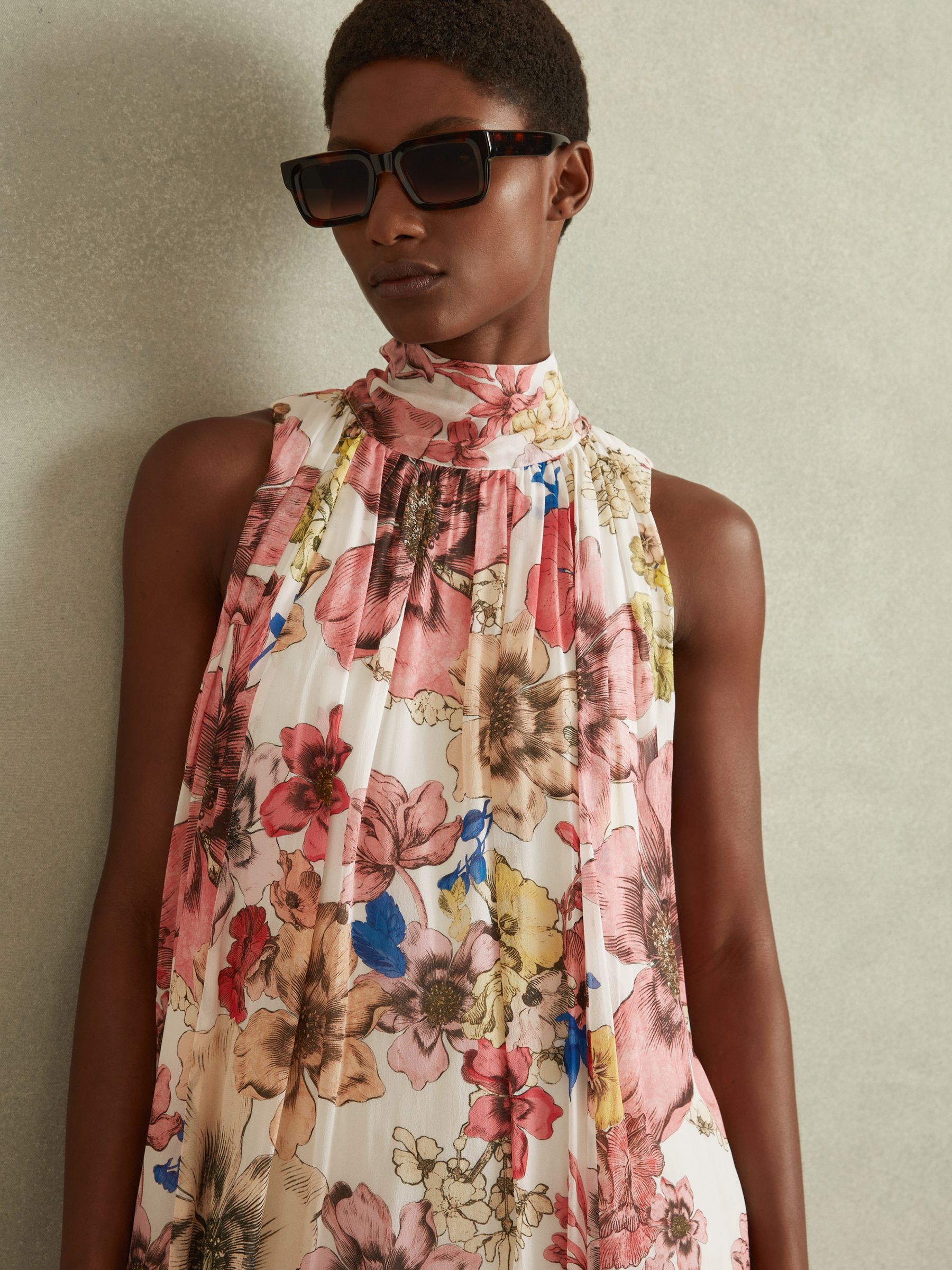 Floral Pleated Tie Neck Mini Dress in Cream/Pink - Image 1 of 5