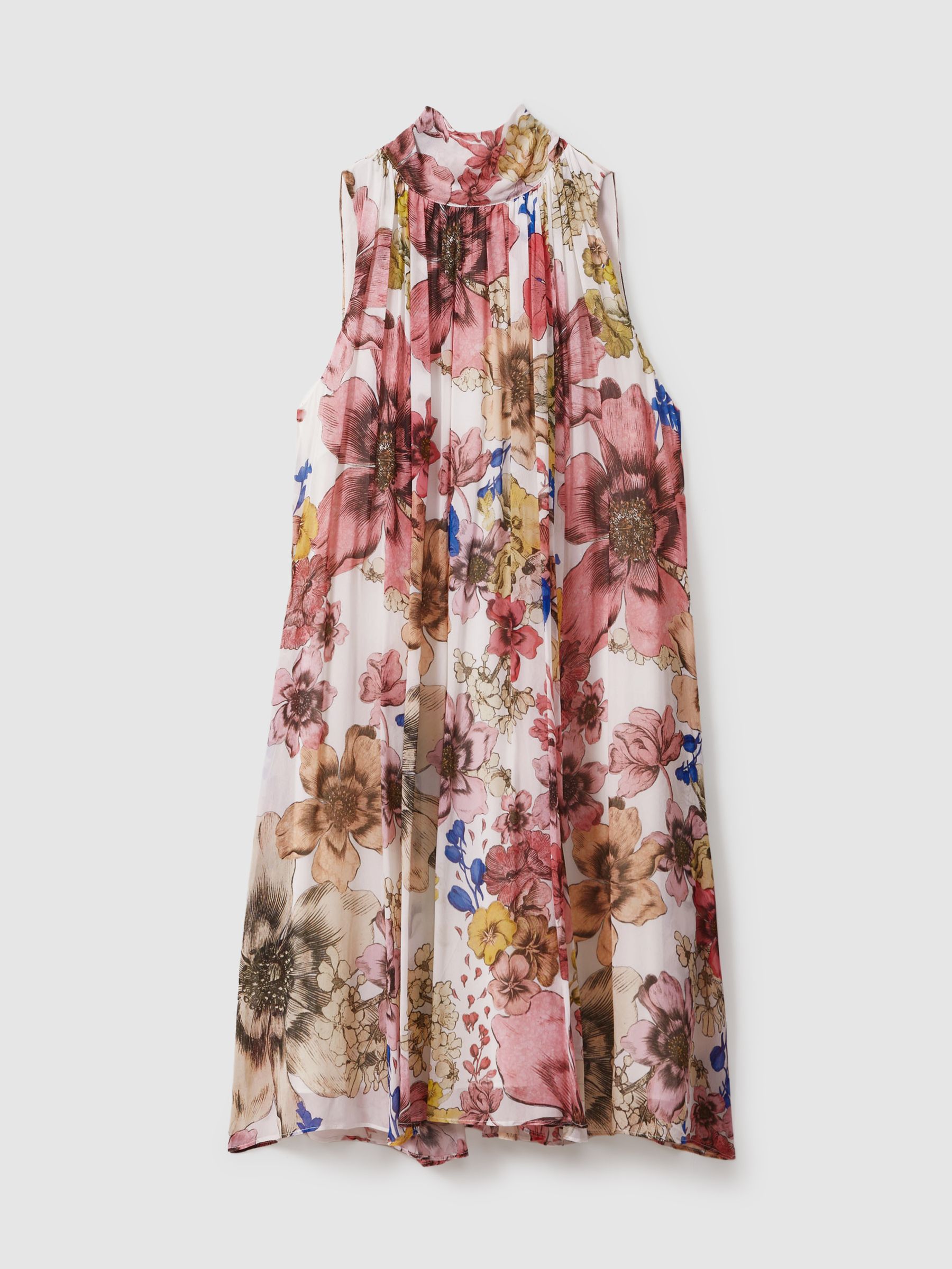 Floral Pleated Tie Neck Mini Dress in Cream/Pink - Image 2 of 5