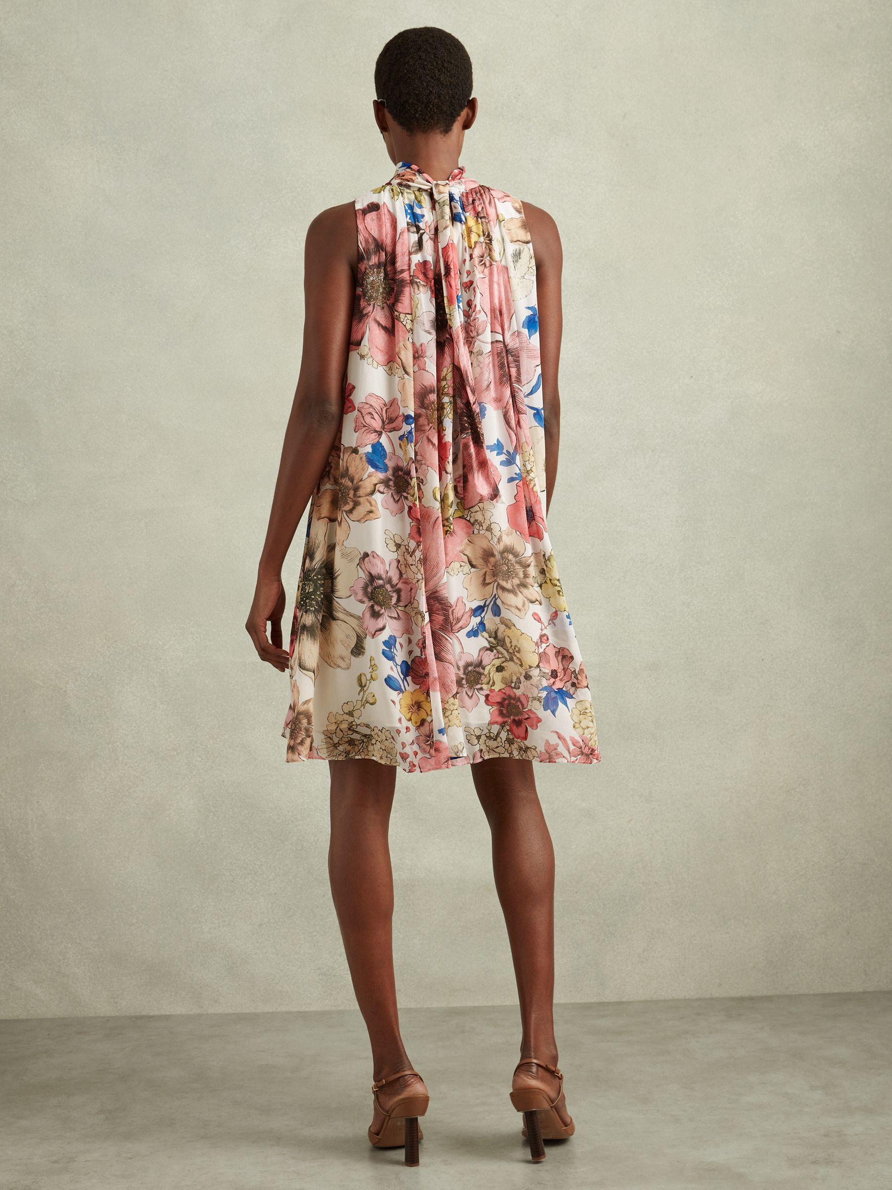 Floral Pleated Tie Neck Mini Dress in Cream/Pink - Image 4 of 5