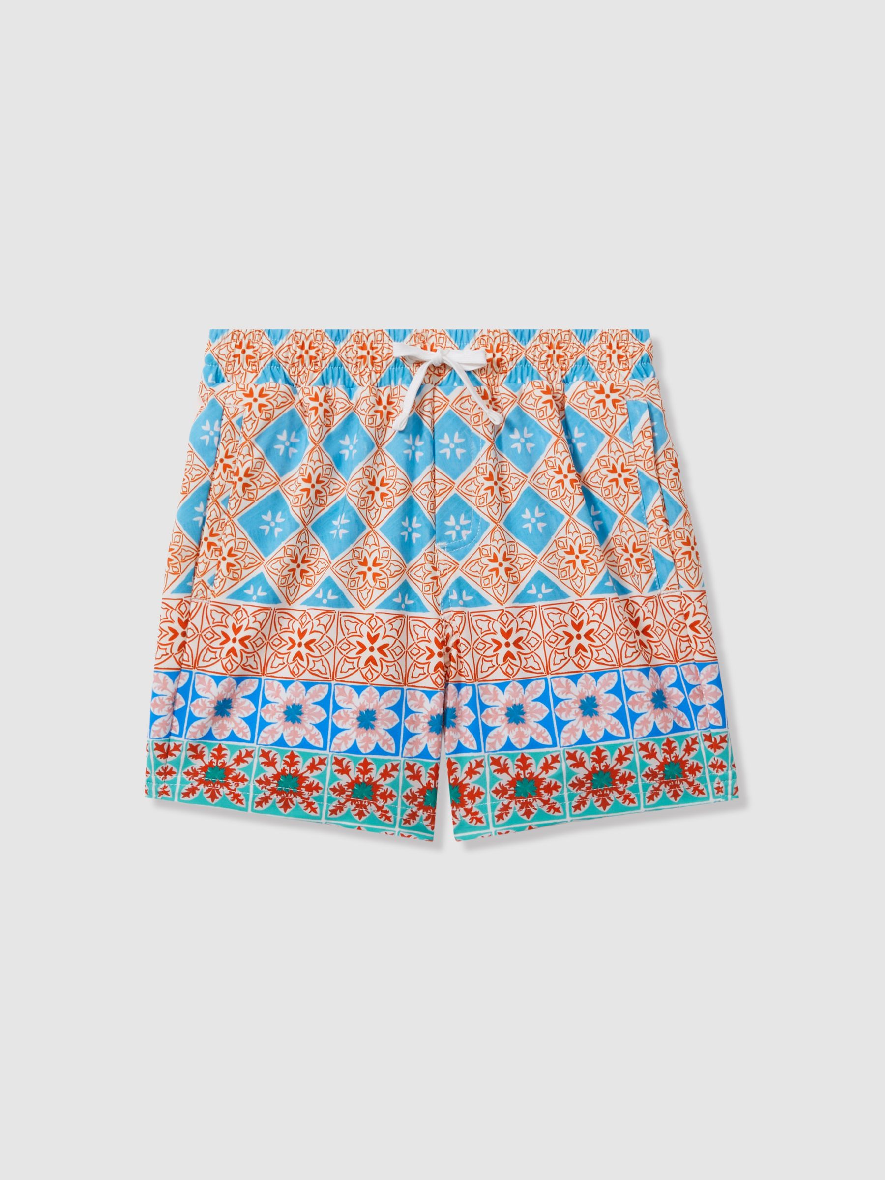 Teen Floral Tile Print Drawstring Swim Shorts in Orange Multi - Image 1 of 4